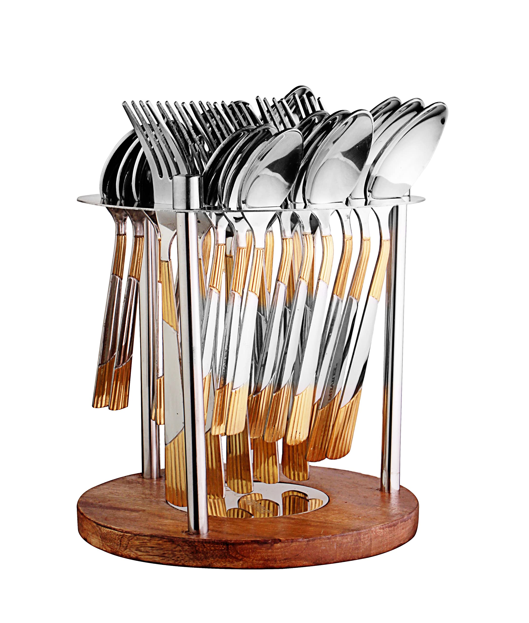Luna Stainless Steel Gold Plated Cutlery Set With Ss And Wooden Stand 24 Pcs Gold | Or | Ramya Masala Box/Spice Box/Storage/Org