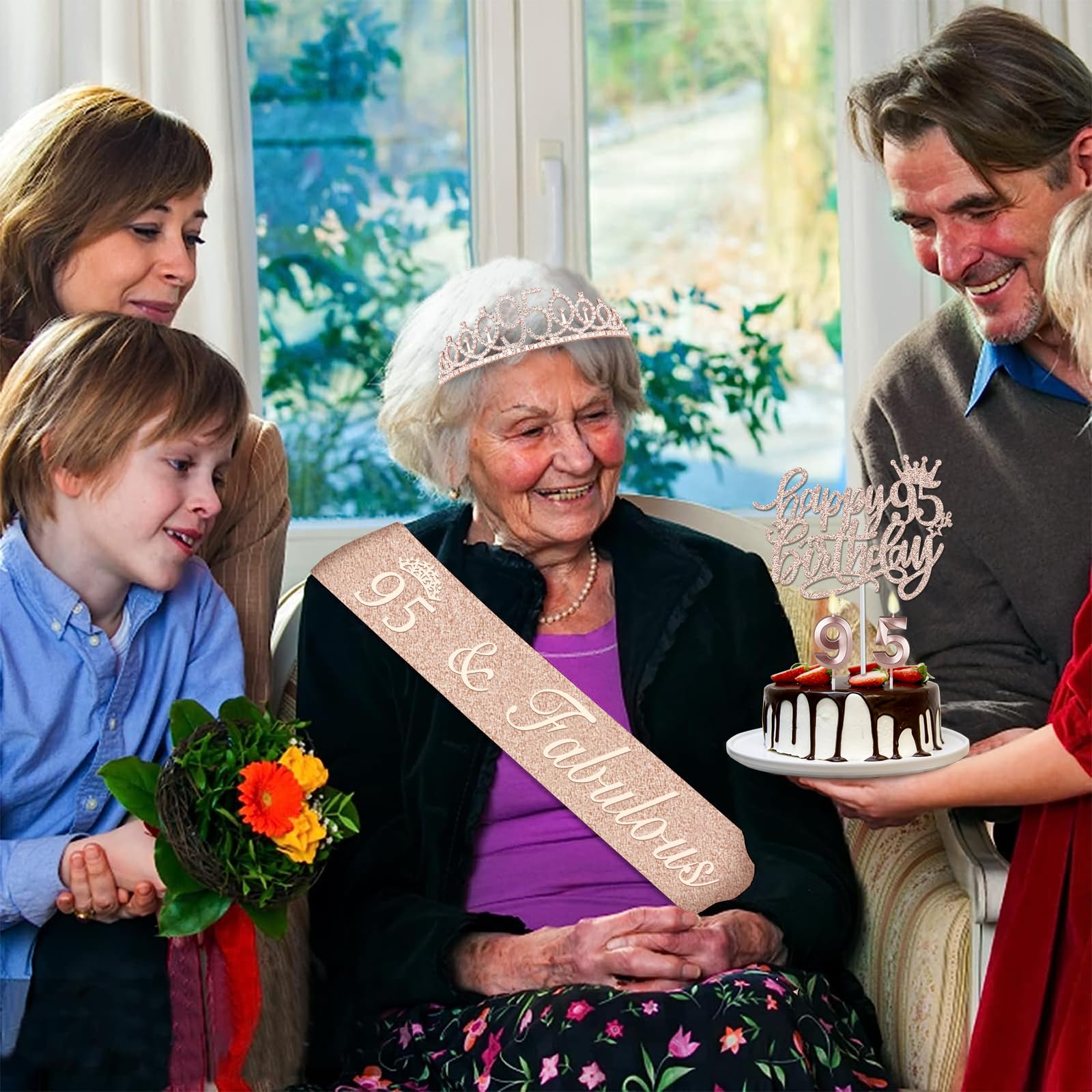 YeohJoy 95th Birthday Party Decorations Set - Rose Gold Sash, Crown, Cake Topper, Number Balloons & Candles for 95 Year Old