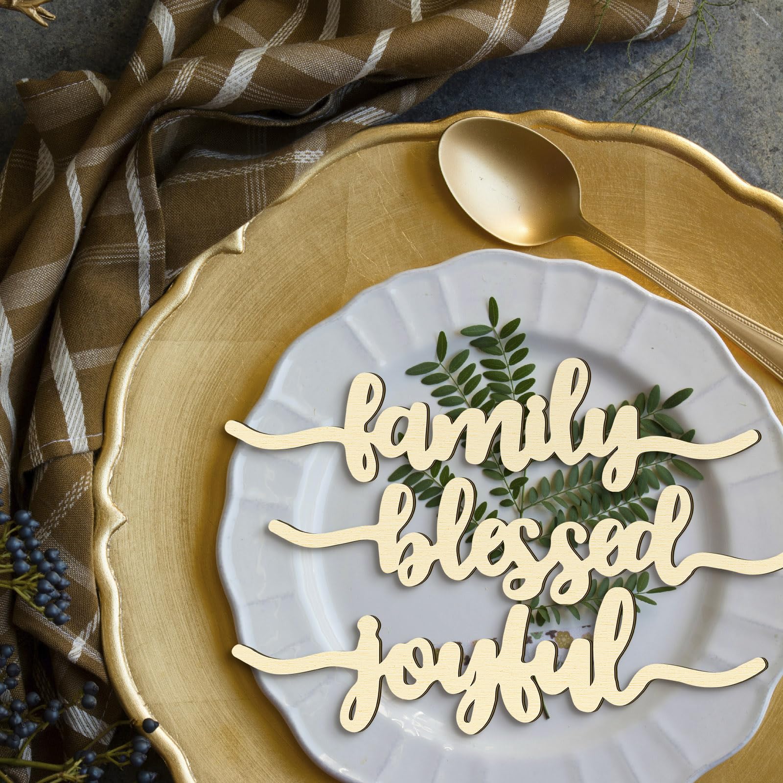 12 Pieces Christmas Thankful Blessed Merry Joyful Peace Family Wood Cutout Rustic Thankful Plate Letter Sign Decor Inspirational