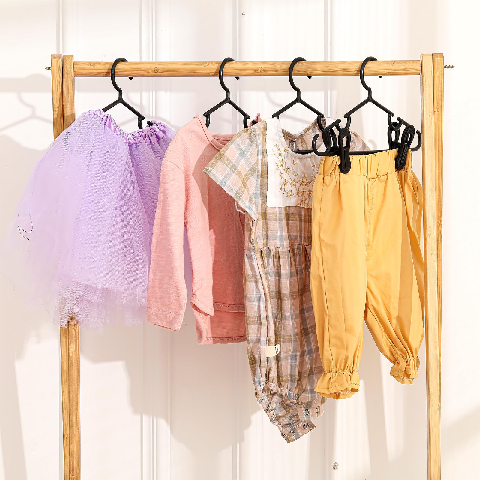 Hsei 120 Packs Baby Hangers With Clips Toddler Hangers Kids Hangers With Clips For Pants Closet Coat Skirts Socks (Black)