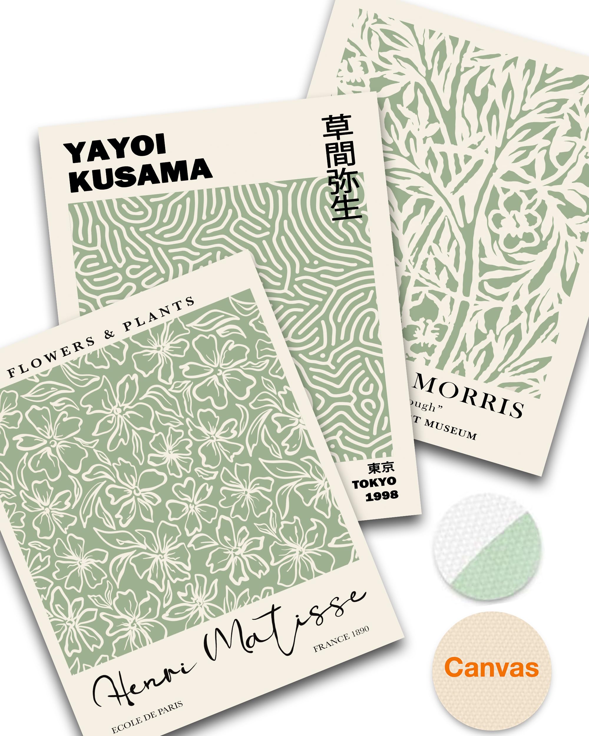 Hesendot Mt-135 12X16In Sage Green Exhibition Poster Set Of 3, Yayoi Kusama Print, Sage Green Wall Art, William Morris Print, 3 