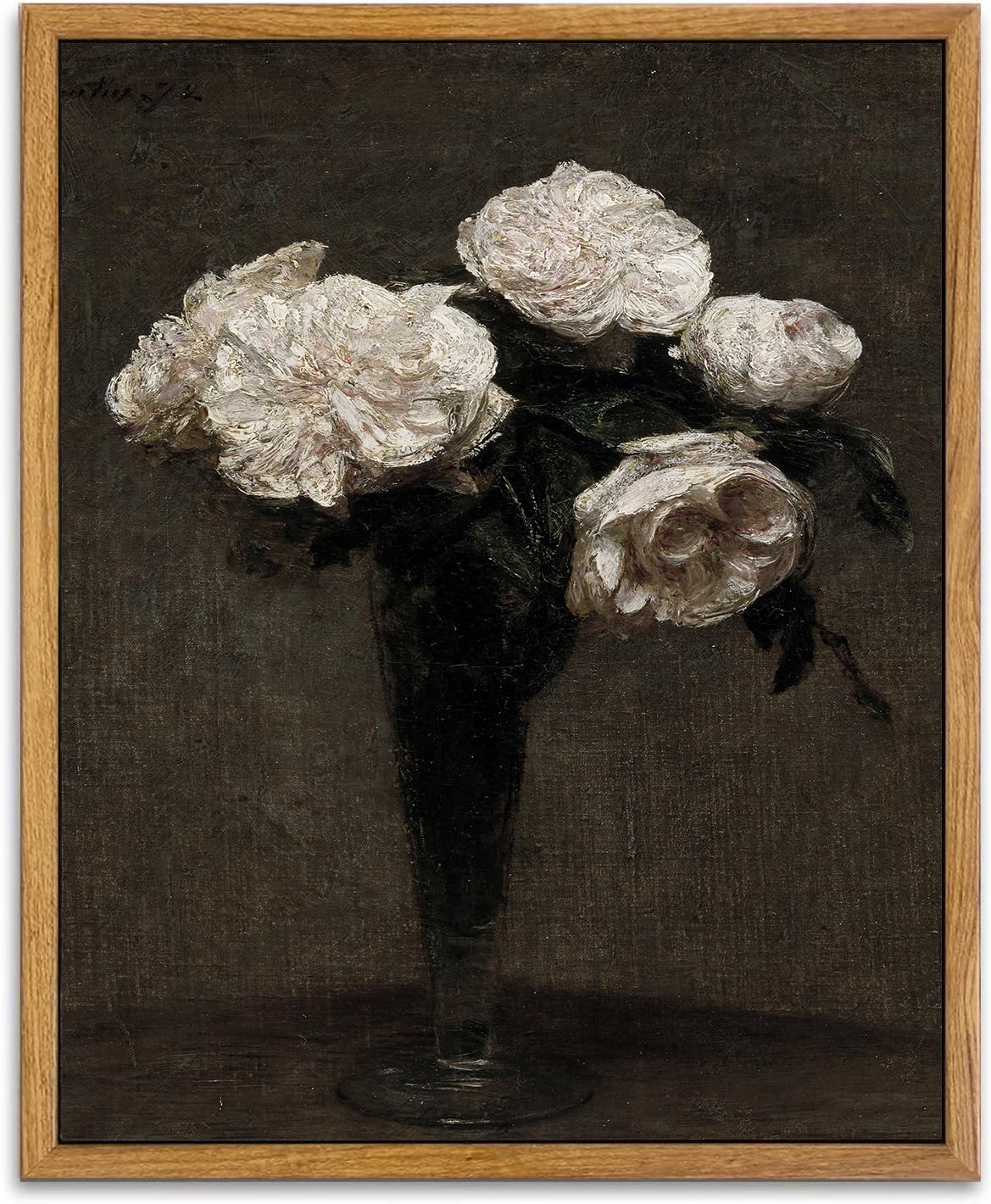 Kbkbart Framed Vintage Wall Art, Vintage Still Life Flower Canvas Oil Painting, Classical Moody White Roses Vase Prints For Wall