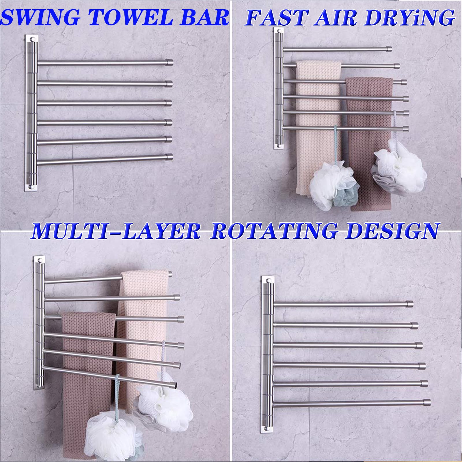 GERZWY Bathroom Swing Arm Towel Bars Wall Mount Bath Towel Rack with 6 Arms Hanger Towel Holder Organizer Brushed Stainless Steel