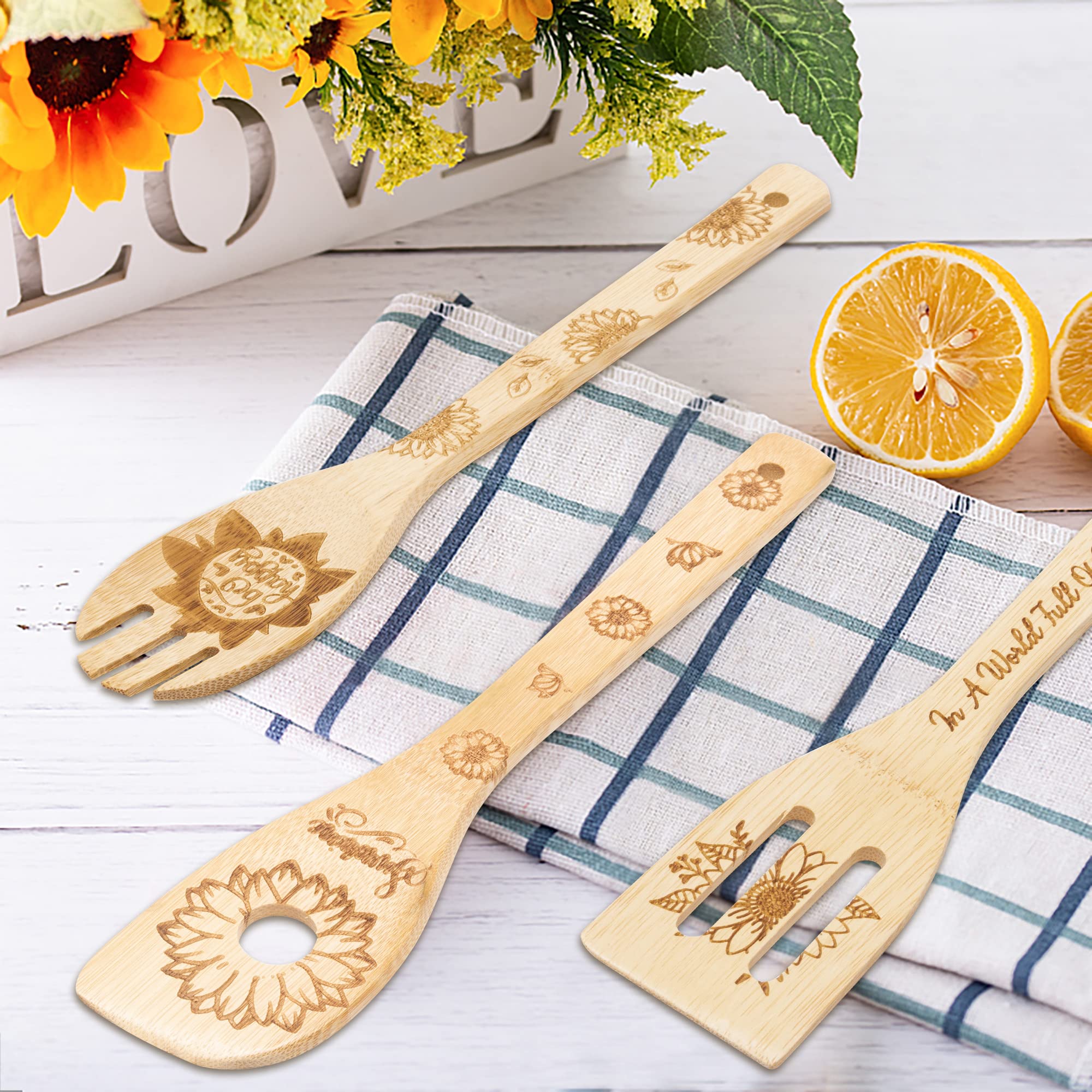 Eartim 5Pcs Sunflower Wooden Spoons Utensils Set, Summer Sunflower Theme Kitchen Cooking Utensils Natural Non-Stick Carve Burned