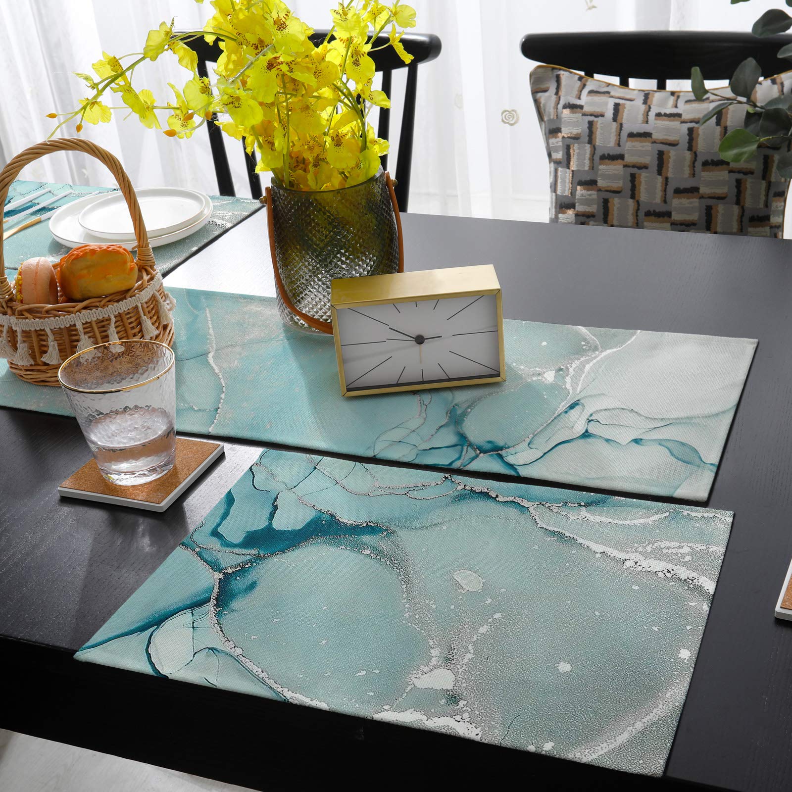 Blue Marble Table Runner 90 Inch And Place Mats Set Of 6 Green Gray Texture Cotton Linen Table Mats Set, Heat Insulation Washabl