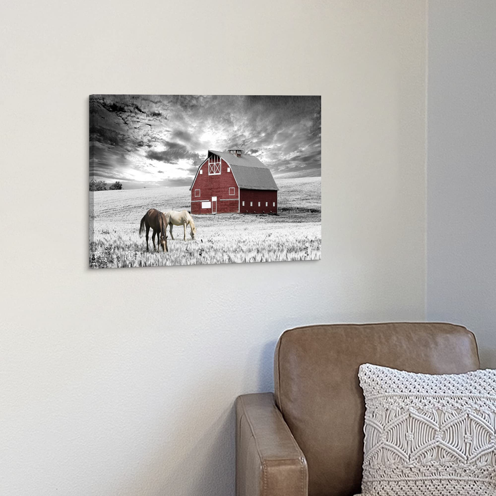 Sd Soft Dance Farmhouse Barn Canvas Wall Art: Black White Farm Landscape Pictures Country Scenery Artwork Horse Painting Prints