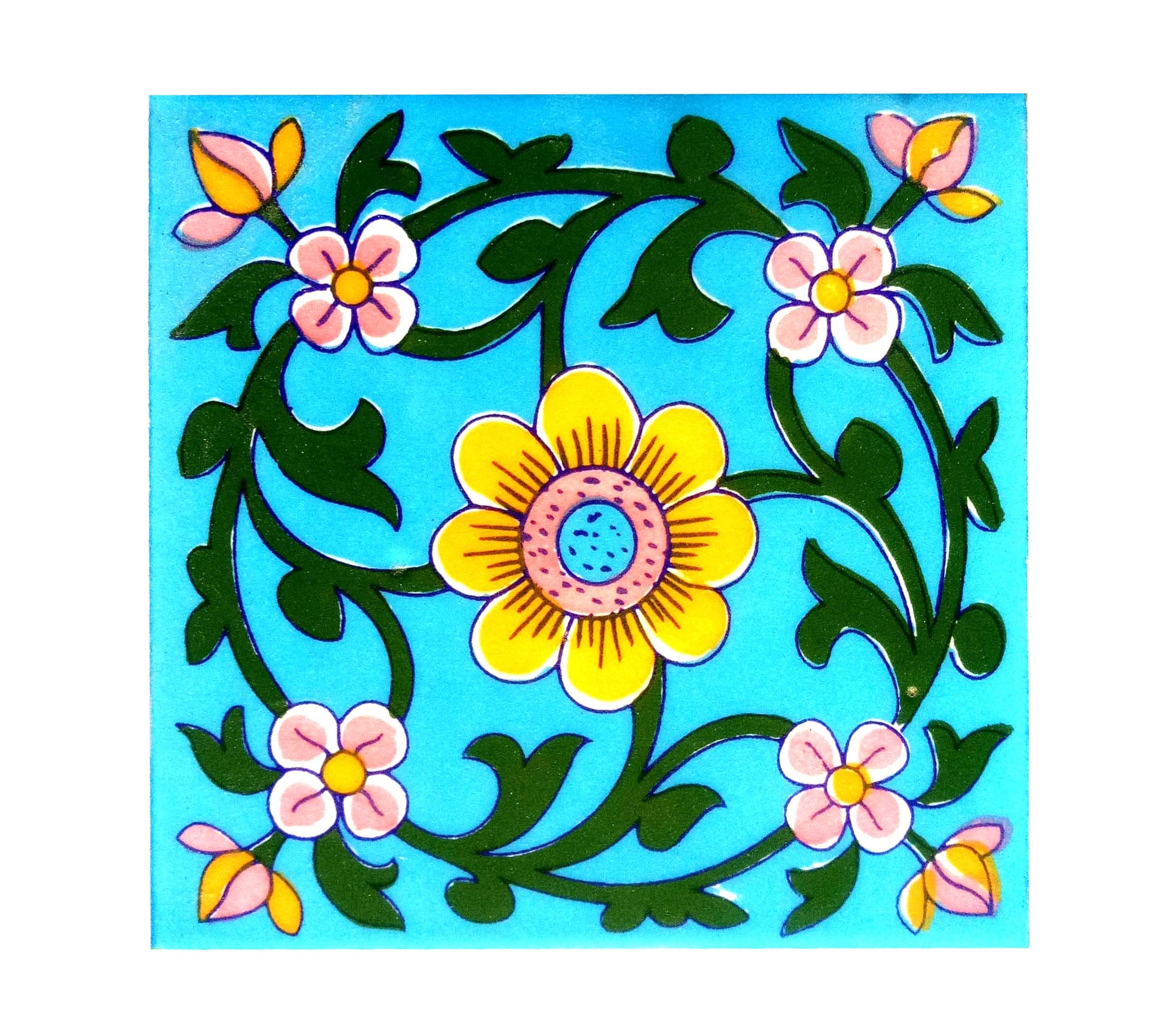 Shivkripa Blue Art Pottery Ceramic Decorative Handmade Tiles (15 X 15 X 0.5 Cm, Multicolour) - Pack Of 6