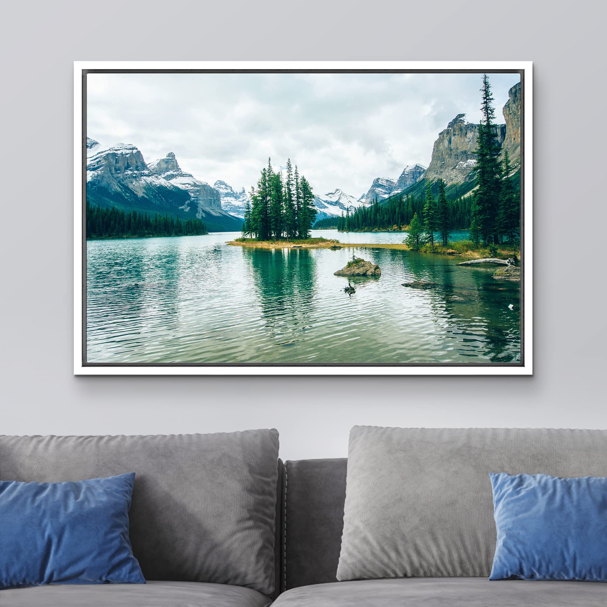 wall26 Framed Canvas Print Wall Art Winter Pine Tree Forest Mountain Lake Nature Wilderness Photography Realism Earth Scenery Rustic Scenic Landscape for Living Room  Bedroom  Office - 24''x36'' White