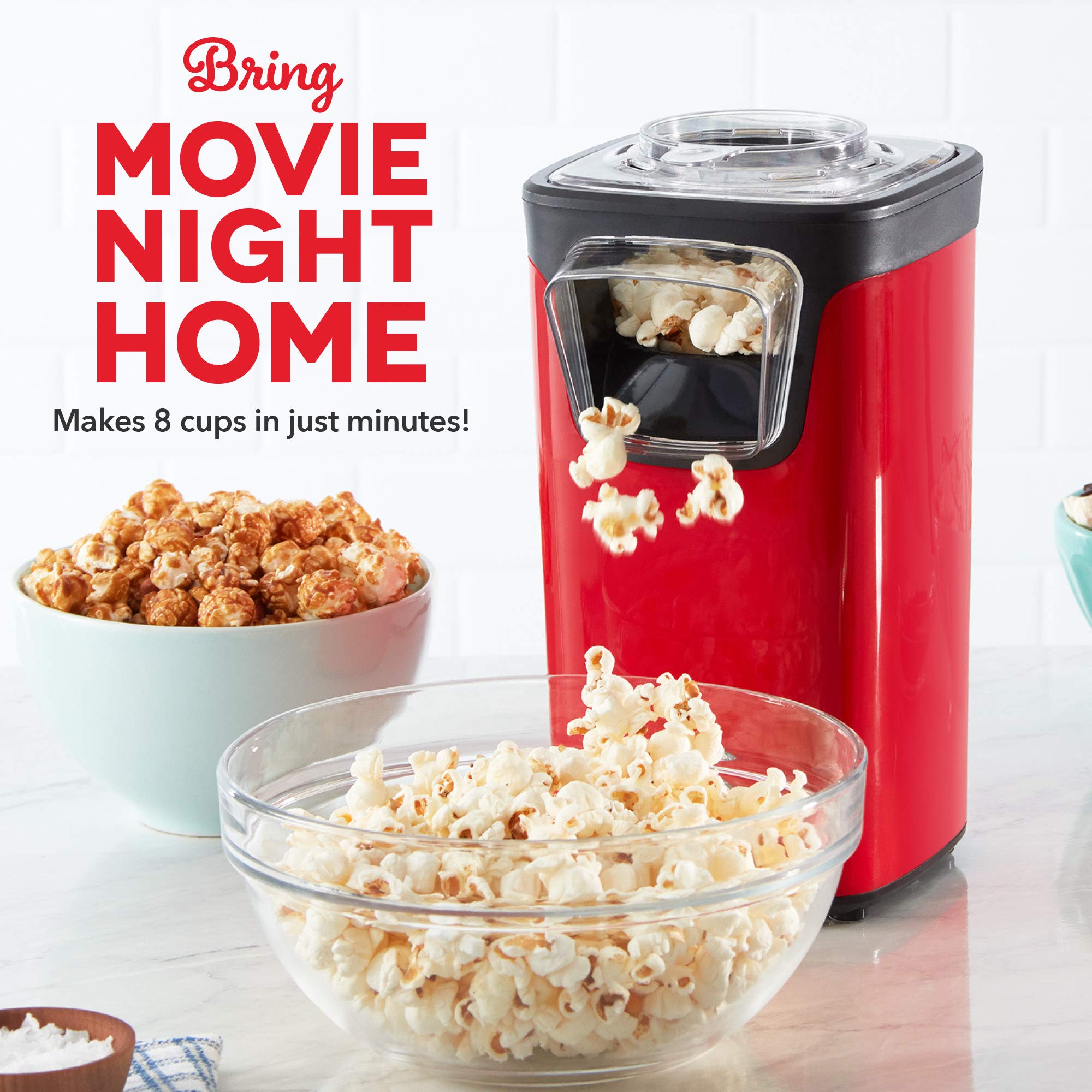 Dash Turbo Pop Popcorn Maker With Measuring Cup To Portion Popping Corn Kernels + Melt Butter, 8 Cup Popcorn Machine - Red