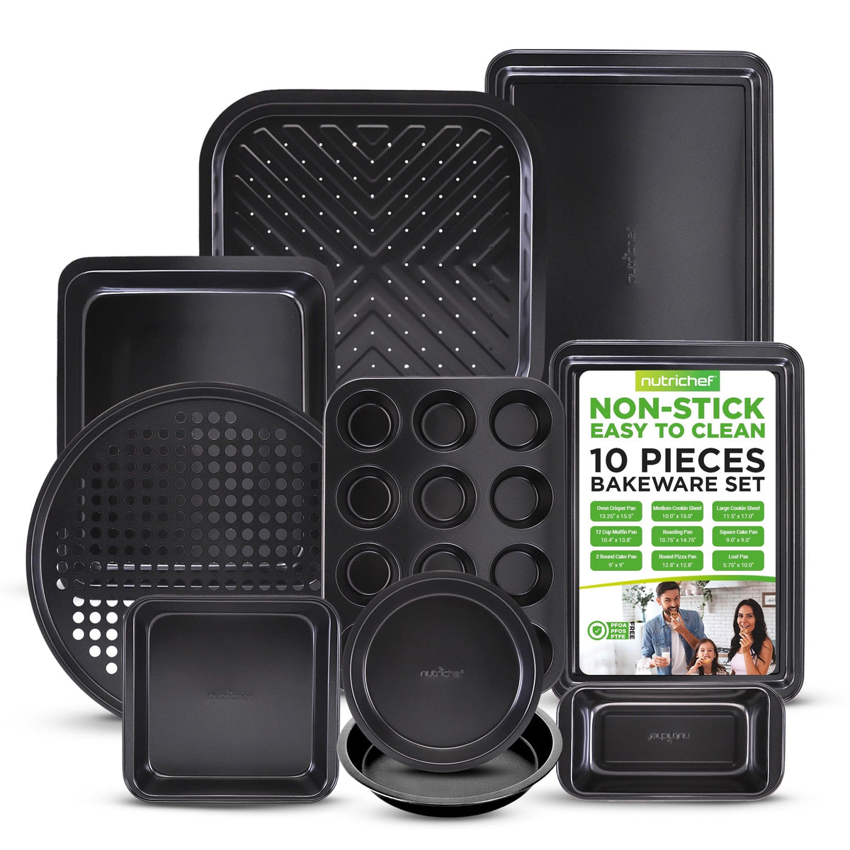 Nutrichef 10-Piece Non-Stick Baking Pans Set - Deluxe Carbon Steel Bakeware Set W/ Cookie Sheets, Muffin Pan, Roasting Pan, Cake