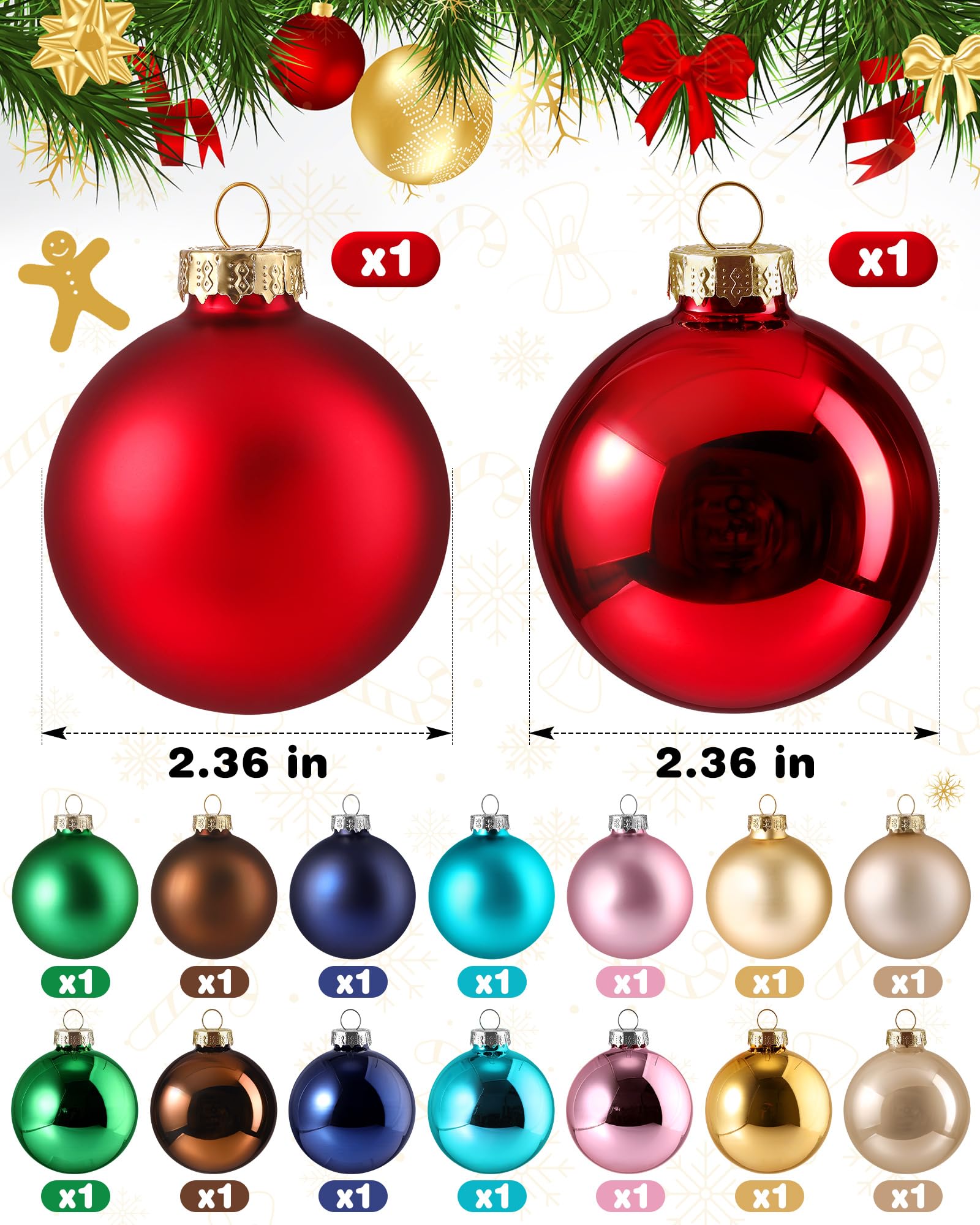 Syhood 16 Pcs Christmas Glass Ball Ornaments Set 2.36 Hanging Glass Bulbs with Loop Hanging String for Christmas Tree Decoration