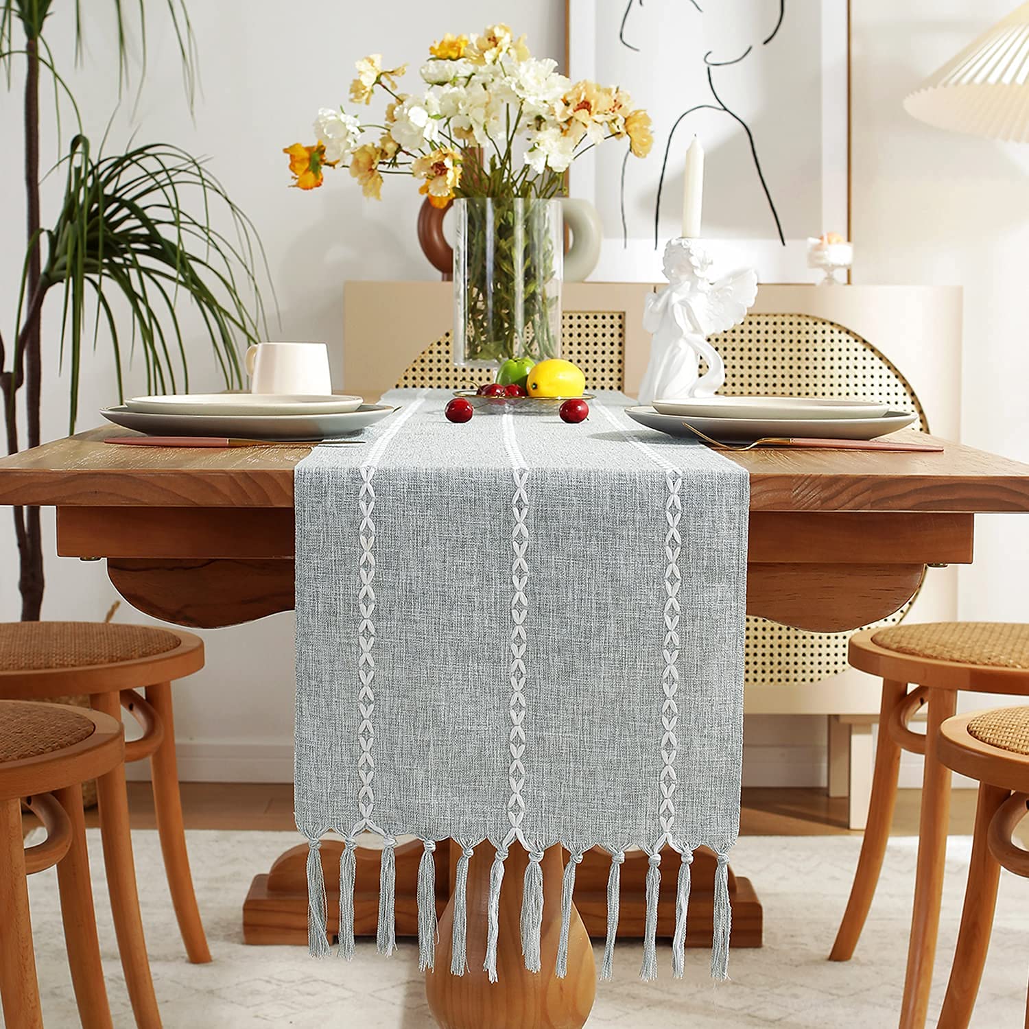 Chassic Rustic Farmhouse Style Linen Table Runner, Boho Handmade Tassel Embroidery Table Runners 90 Inches Long For Holiday Part