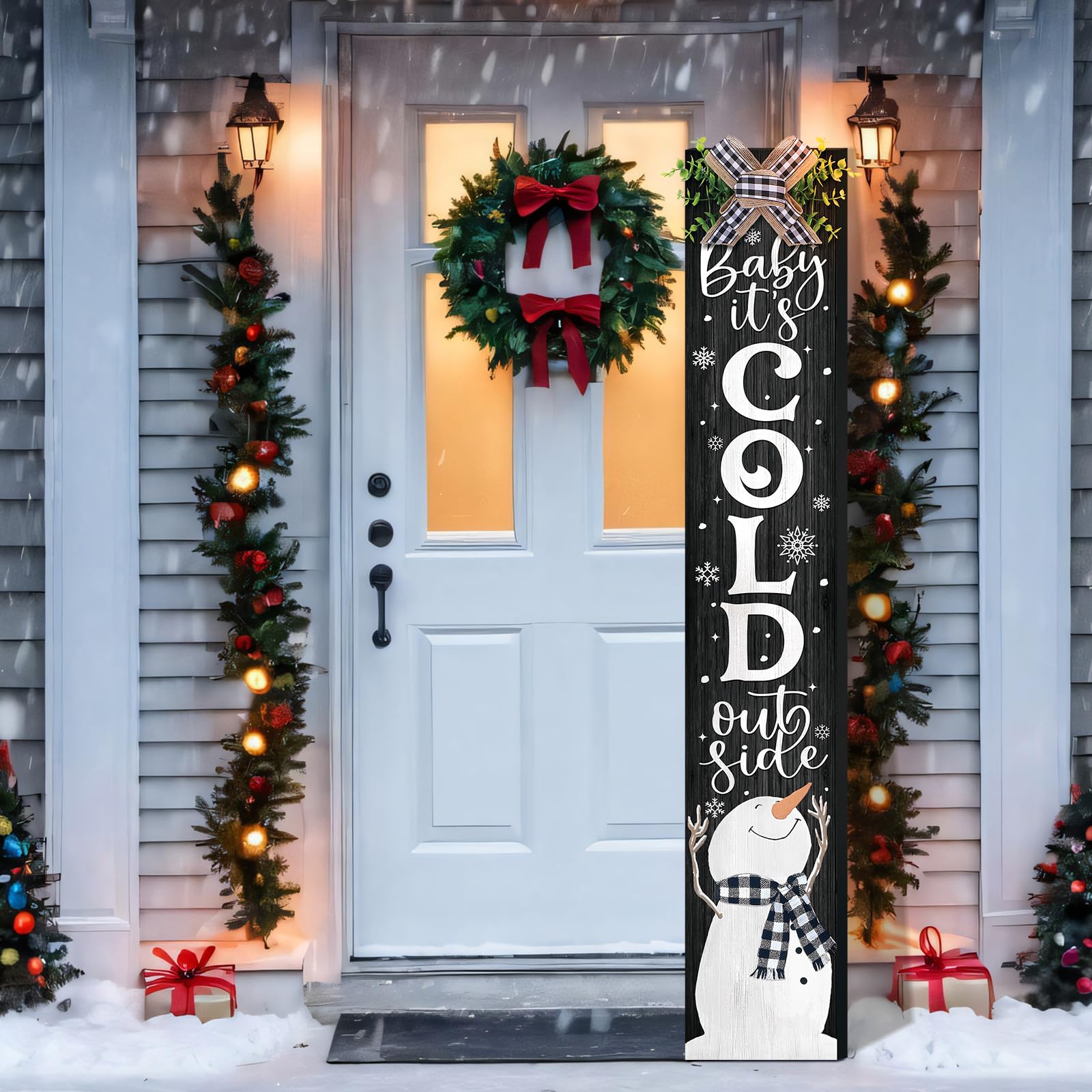 Chitidr Christmas Porch Sign Baby It's Cold Outside Snowman Hanging Decor 42'' Rustic Vertical Welcome Wooden Sign with Lanyard