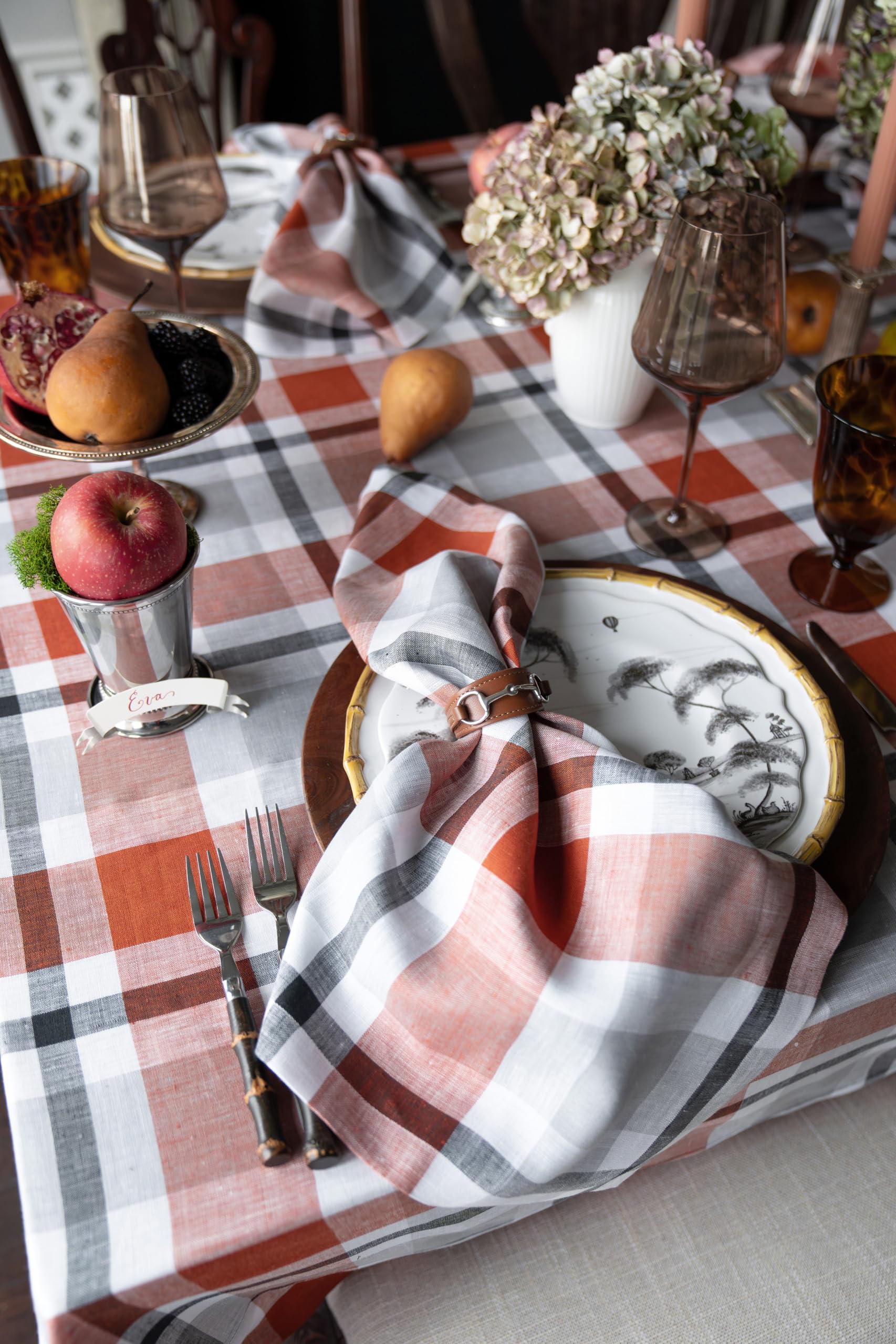 Solino Home Plaid Linen Dinner Napkins 20 X 20 Inch - 100% Pure Linen Cinnamon Fall Buffalo Check Cloth Napkins Set Of 4 - Handc
