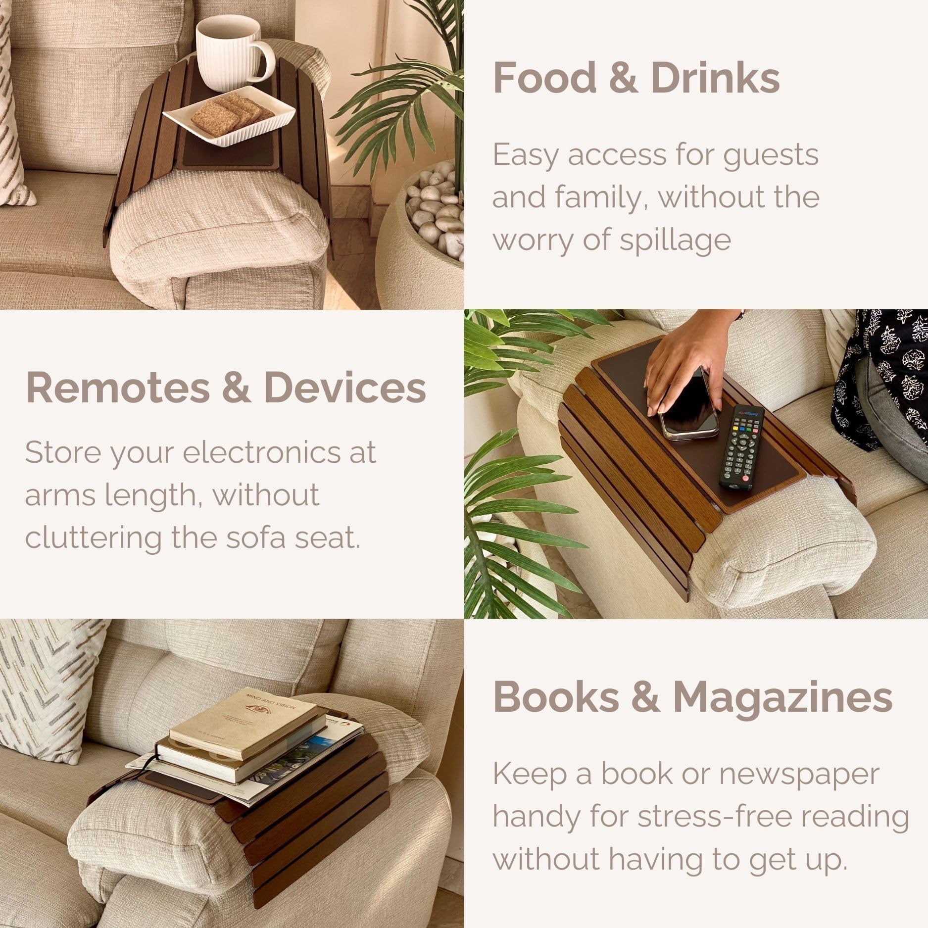 Mason Home Elm Sofa Armrest Tray - Brown Full Grain Bamboo Wood With Anti Slip Pad | Dining Tray | Home & Office Dcor | Furnitur