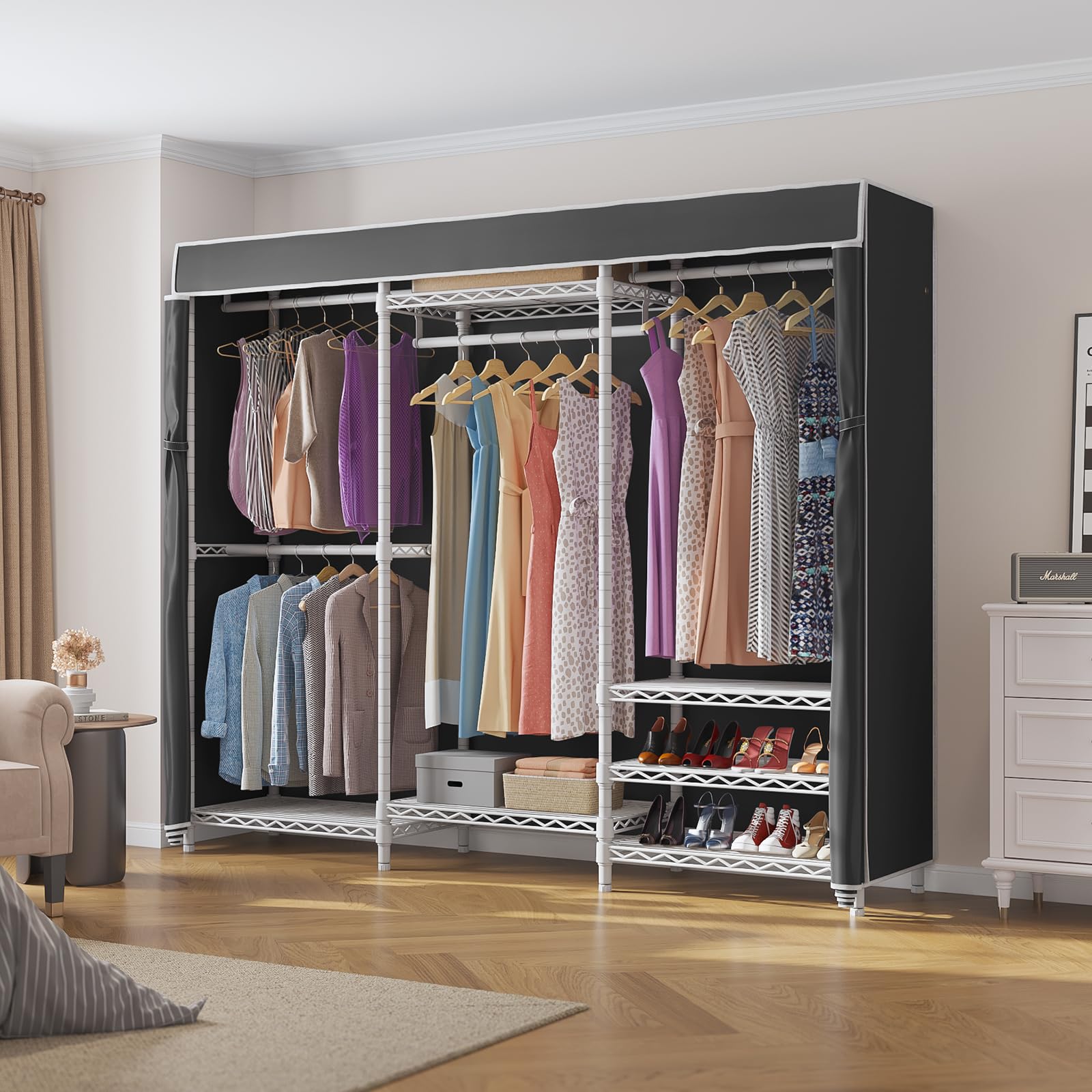 Vipek V5C Bedroom Armoires Portable Clothes Closet Rack, White Metal Clothing Rack With Black Cover, Adjustable Custom Freestand