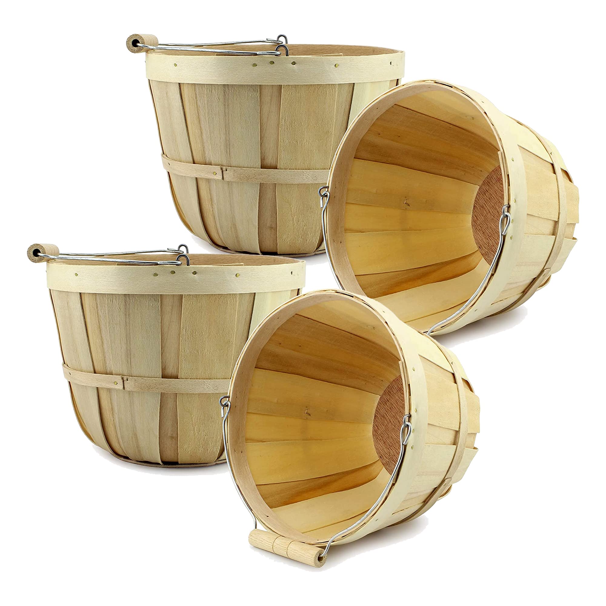 Cornucopia Round Wooden Baskets (4-Pack, Natural); Wood Fruit Buckets With Handle, 4-Quart Capacity; 6.1 Inch Tall By 8 Inch Dia