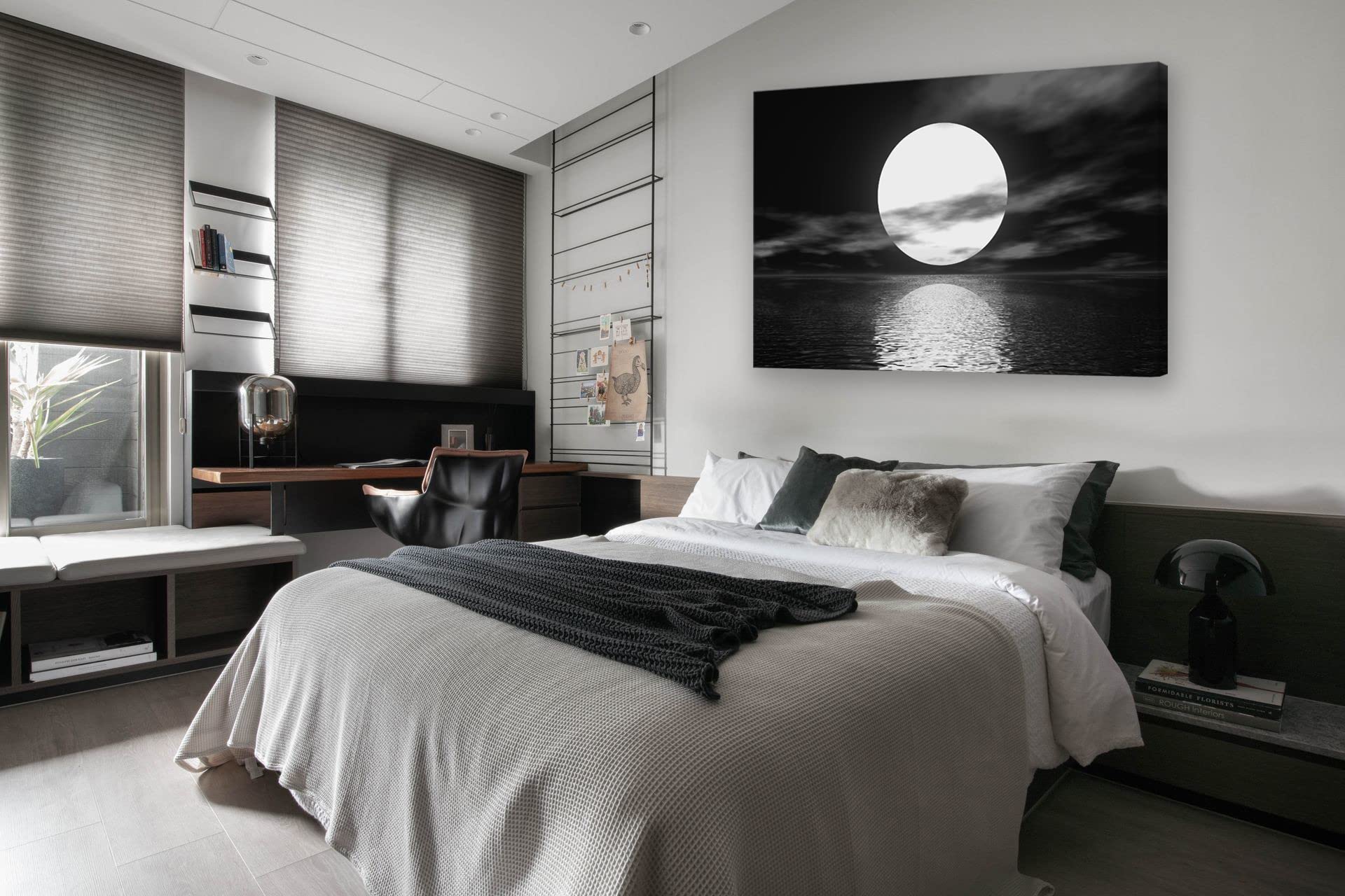 Cao Gen Decor Art S06469 Wall Art Canvas Sea White Full Moon in Night Picture Canvas Poster Print Black and White Ocean for Living Room Bedroom Kitchen Home Decorations Framed Artwork