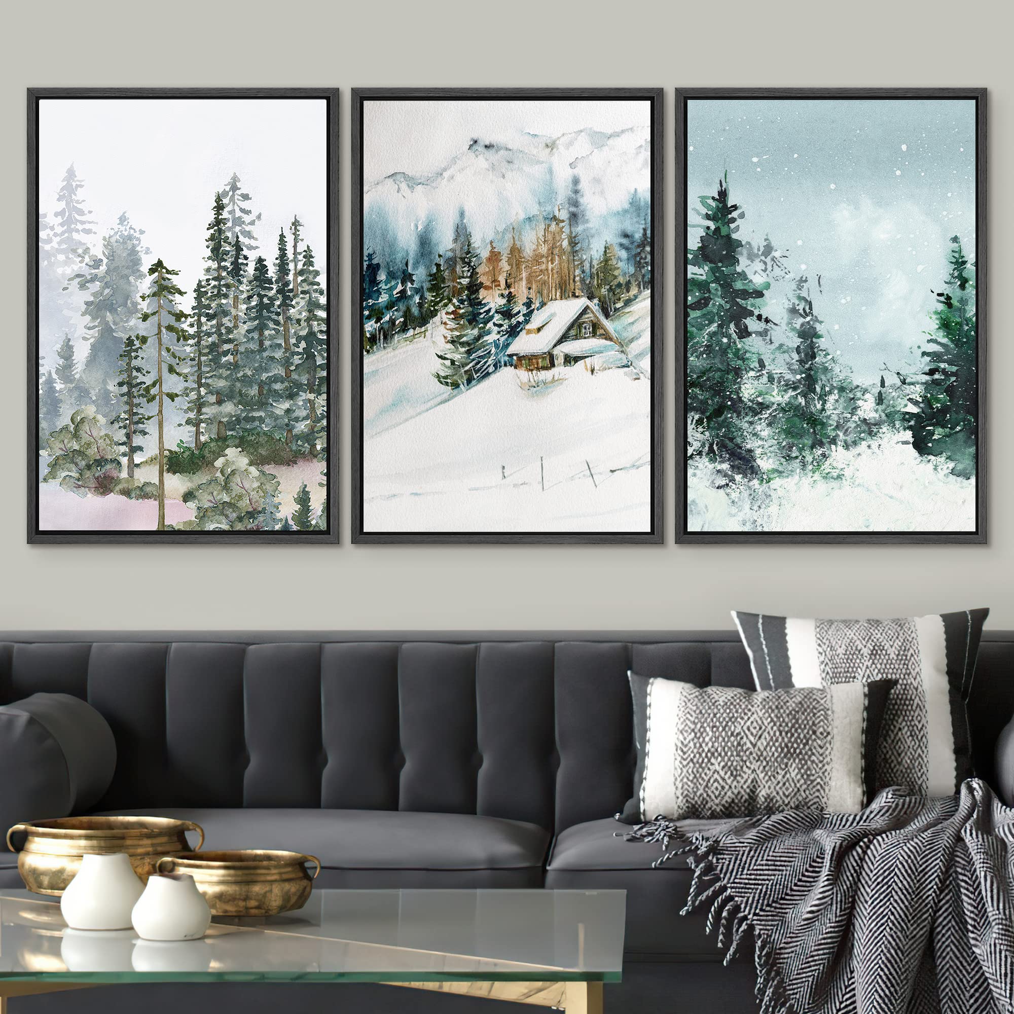 Signwin Framed Canvas Print Wall Art Set Winter Snow Pine Tree Forest Cabin Nature Wilderness Illustrations Modern Art Rustic Ca