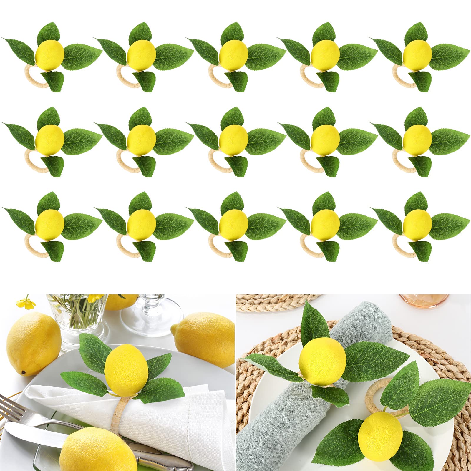 Whaline 15Pcs Lemon Napkin Rings Faux Lemon Napkin Holder Rustic Farmhouse Lemon Vine Leaf Napkin Rings Yellow Summer Fruit Serv