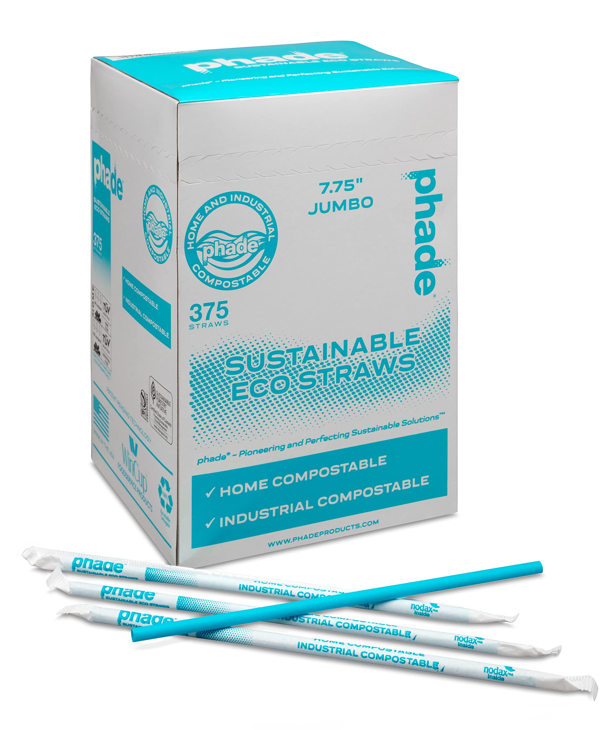 phade EcoFriendly 7.75 375 Count Jumbo Drinking Straws  Sustainable Marine Biodegradable Compostable Individually Wrapped, 1 