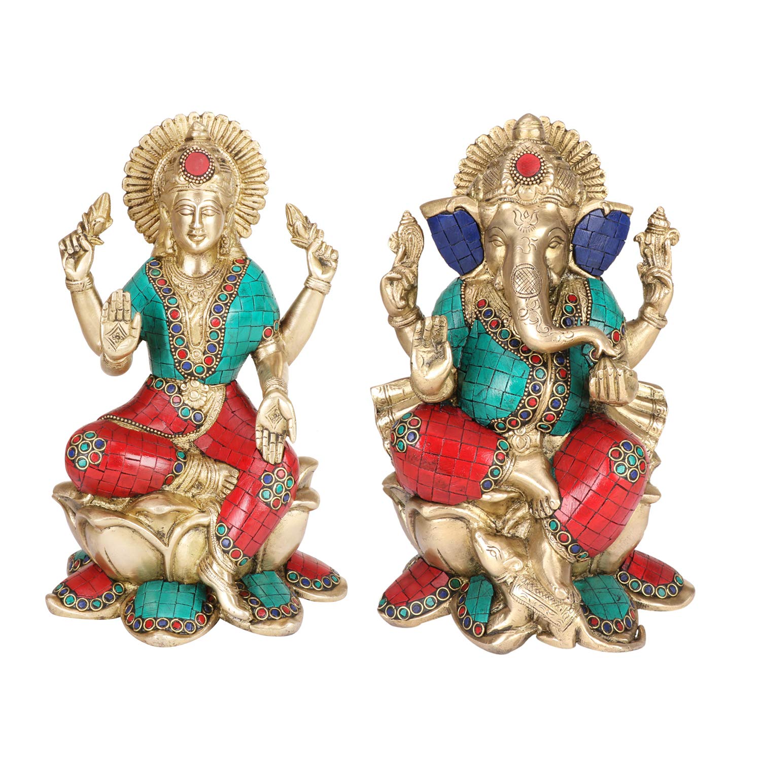 Svarup Brass Lakshmi Ganesha Sitting On Lotus Laxmi Ganesh Idol For Diwali Pooja Home Decor (Height 10 Inch Multicolor)
