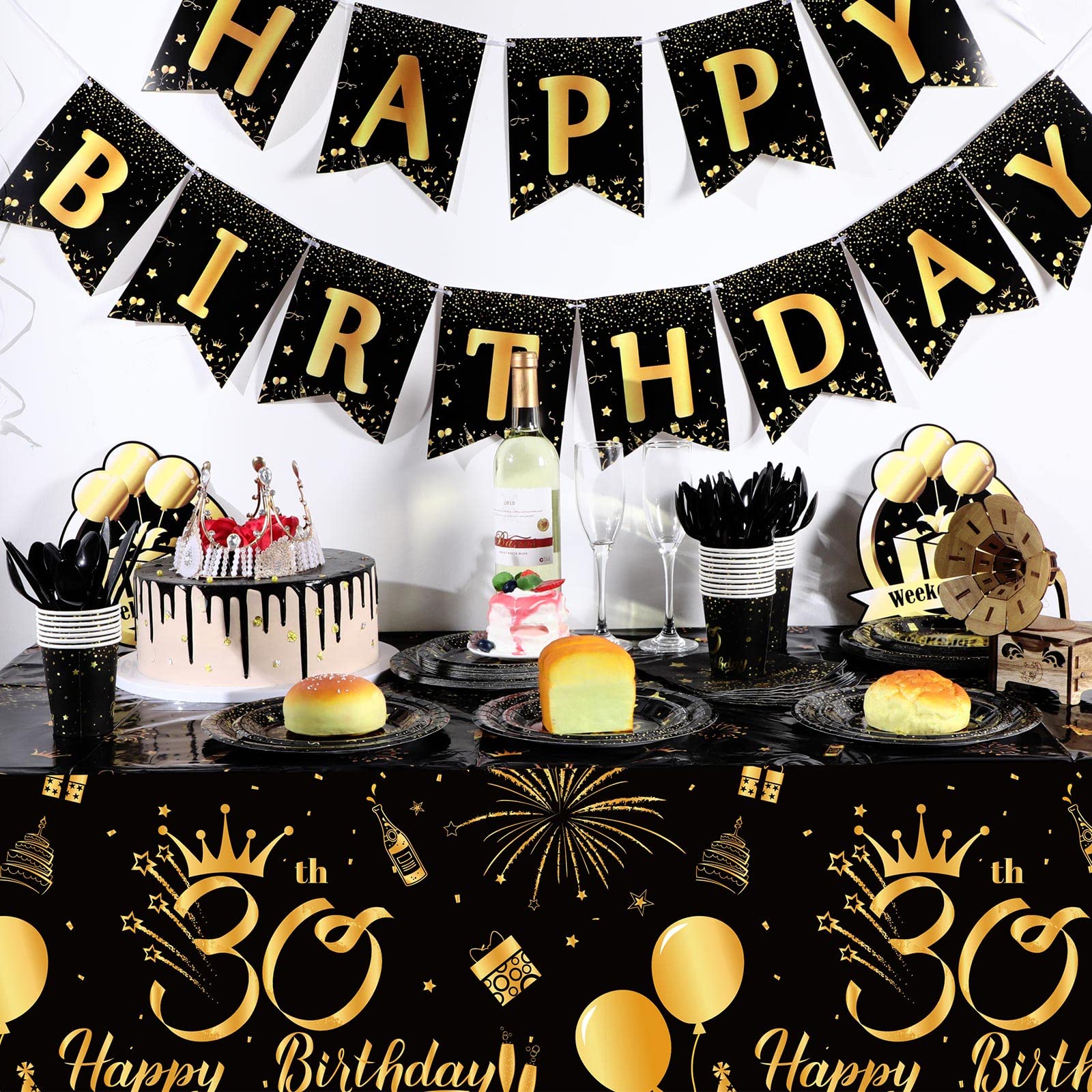 3 Pack 30Th Happy Birthday Tablecloth Disposable Plastic 30Th Birthday Table Cover Rectangular Black And Gold Table Cloths For P