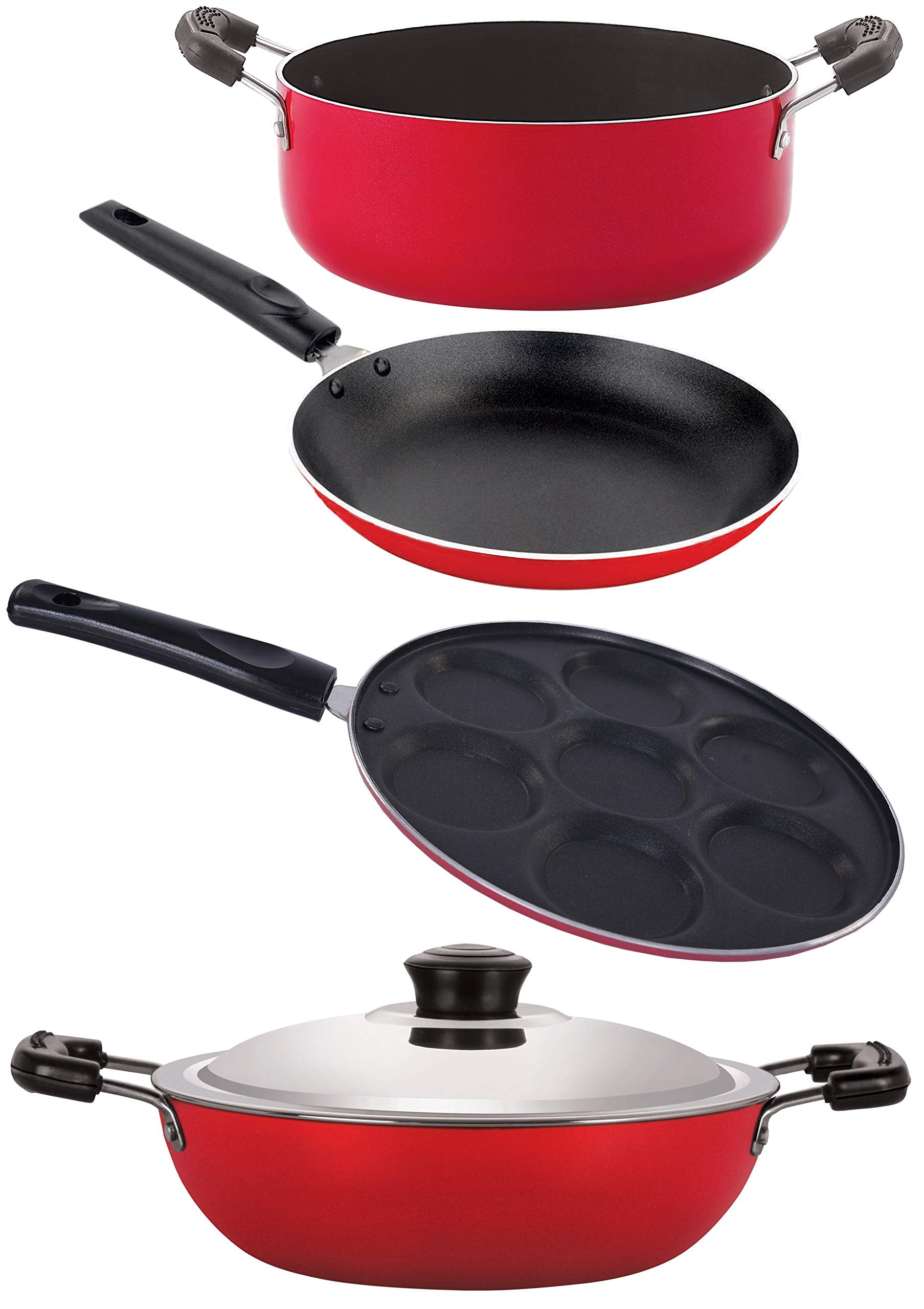 Nirlon NonStick Aluminum Cookware Set, 4Piece, Red And Black (2.6Mm_Dkd(M)_Up(7)_Tp_Cass20)