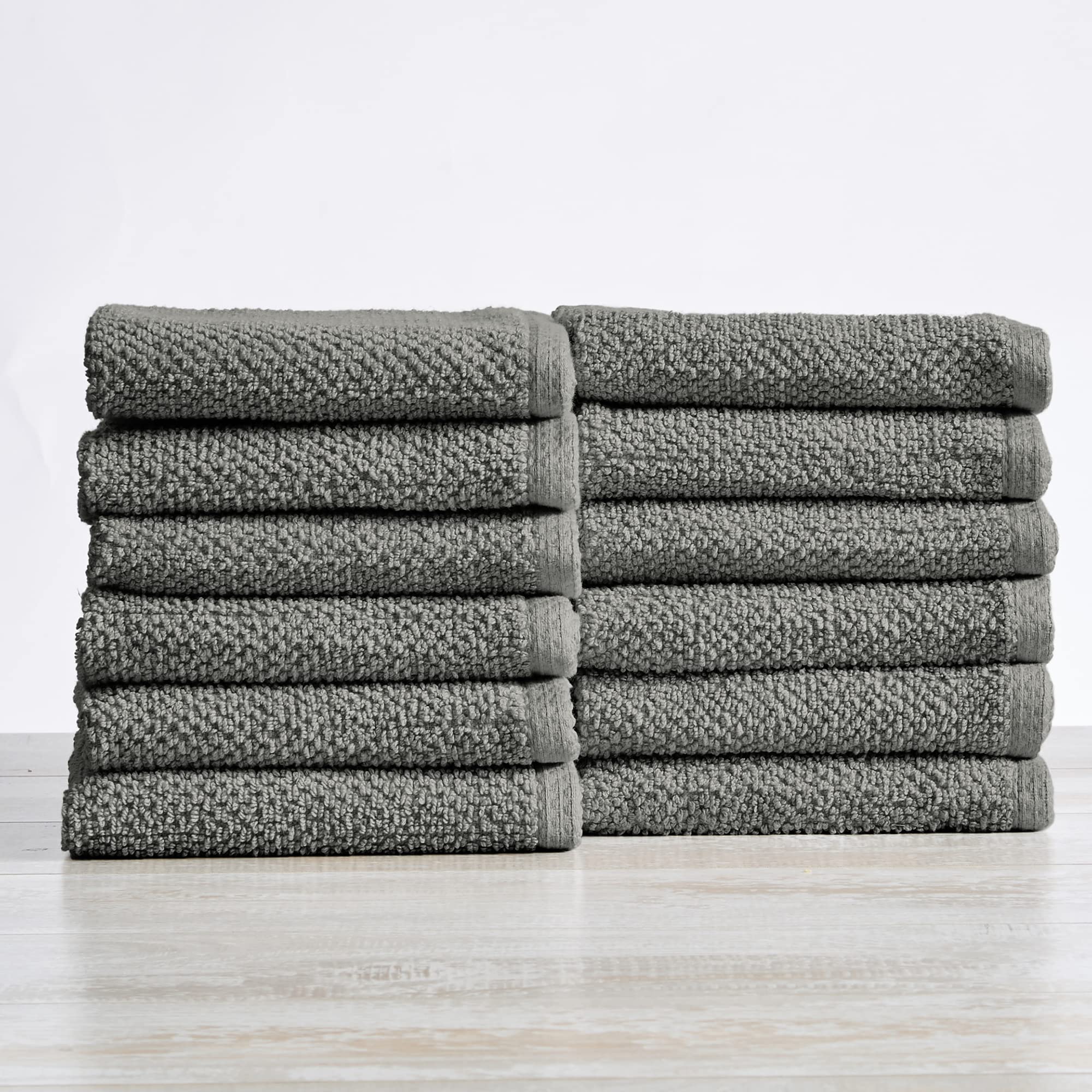 12-Pack 100% Cotton, Quick-Dry Textured Washcloths. Ultra-Absorbent, Popcorn Weave. Acacia Collection. (Wash 12Pk, Dark Grey)