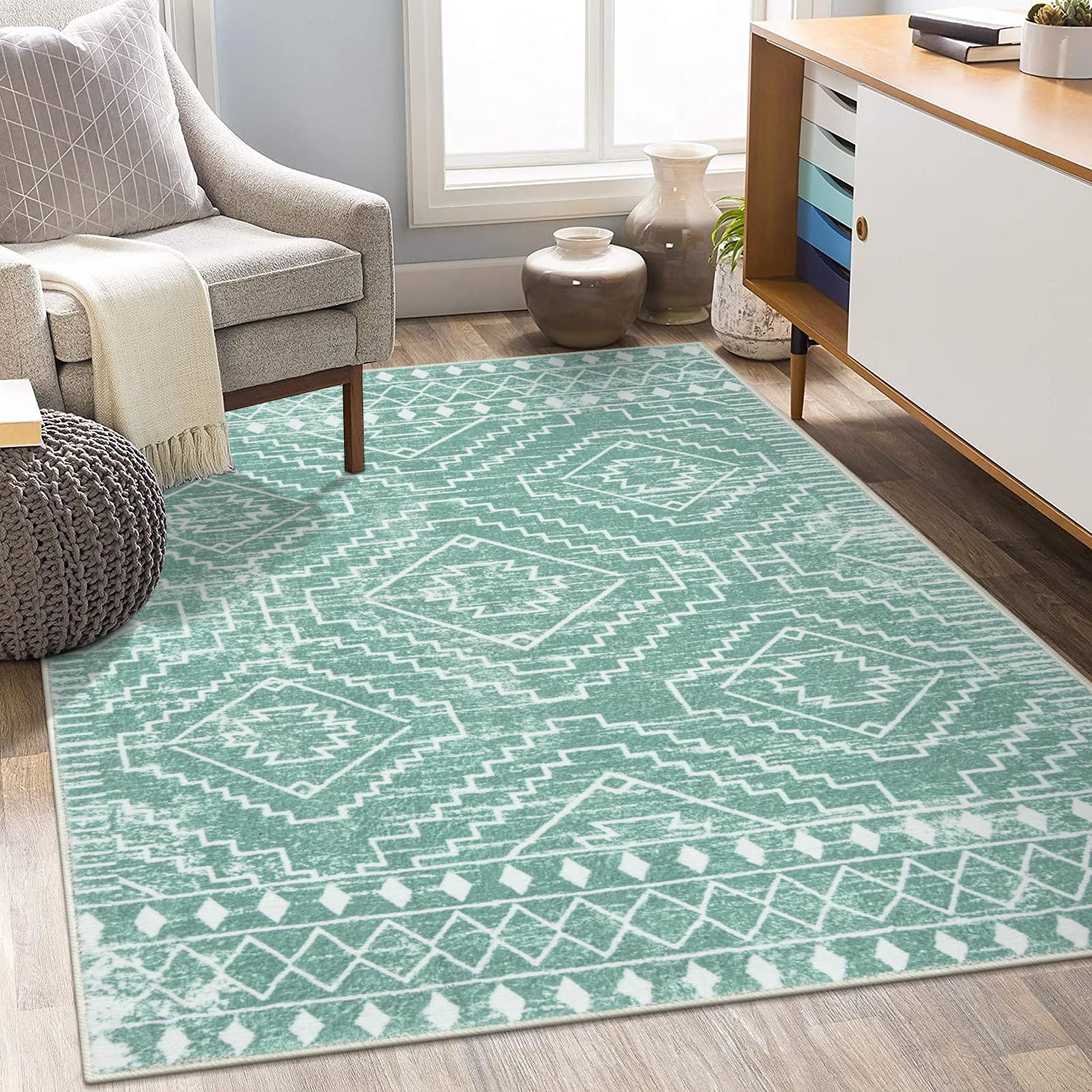 Wonnitar Moroccan Sage Green Area Rugs 5x7, Washable Rugs Non-Slip Soft Large Rug for Bedroom, Non-Shedding Farmhouse Stain Resi