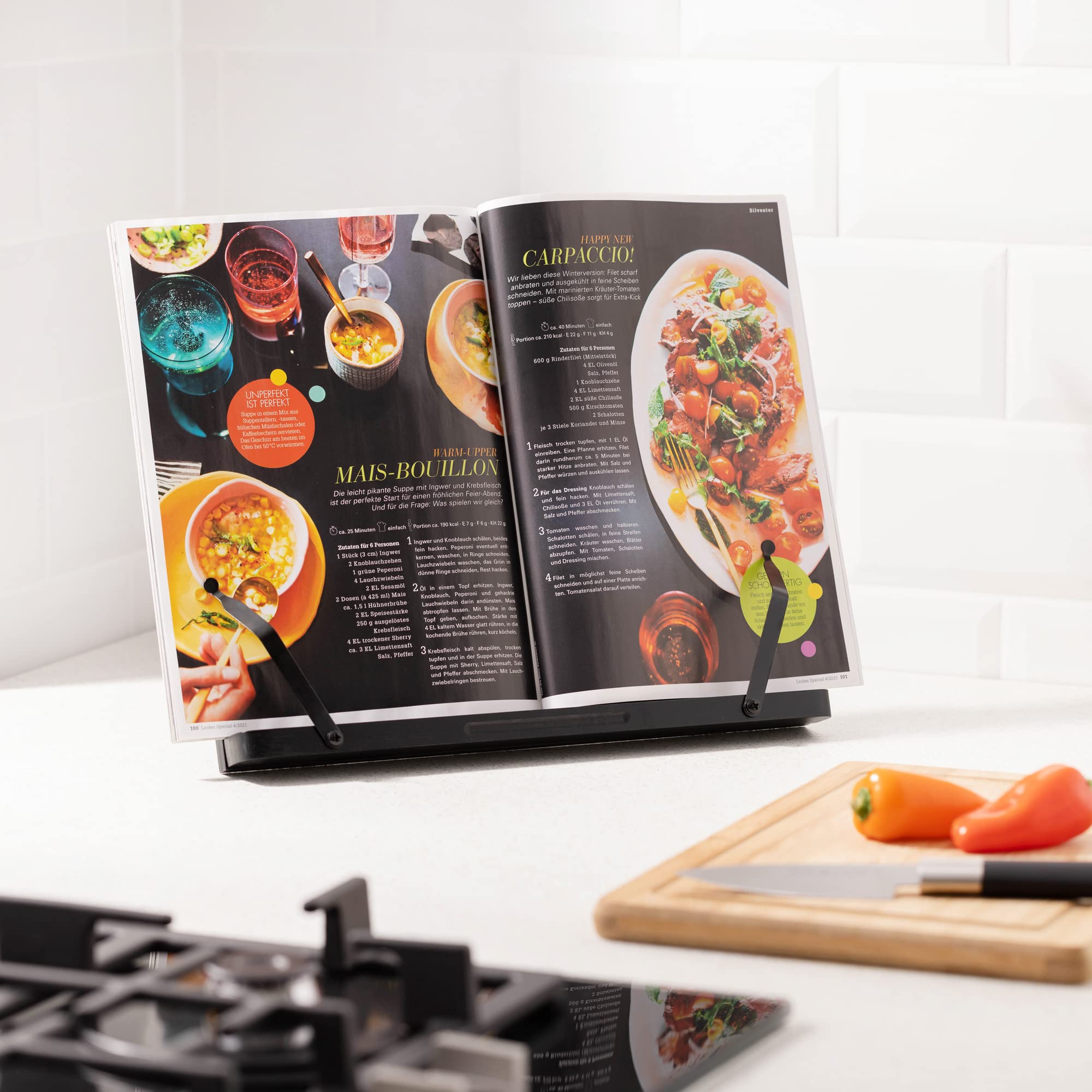 Navaris Bamboo Book Stand - Hands-Free Reading Recipe cookbook Tablet Holder with 2 Adjustable Metal Page Holders with grips - Bamboo Easel - Black