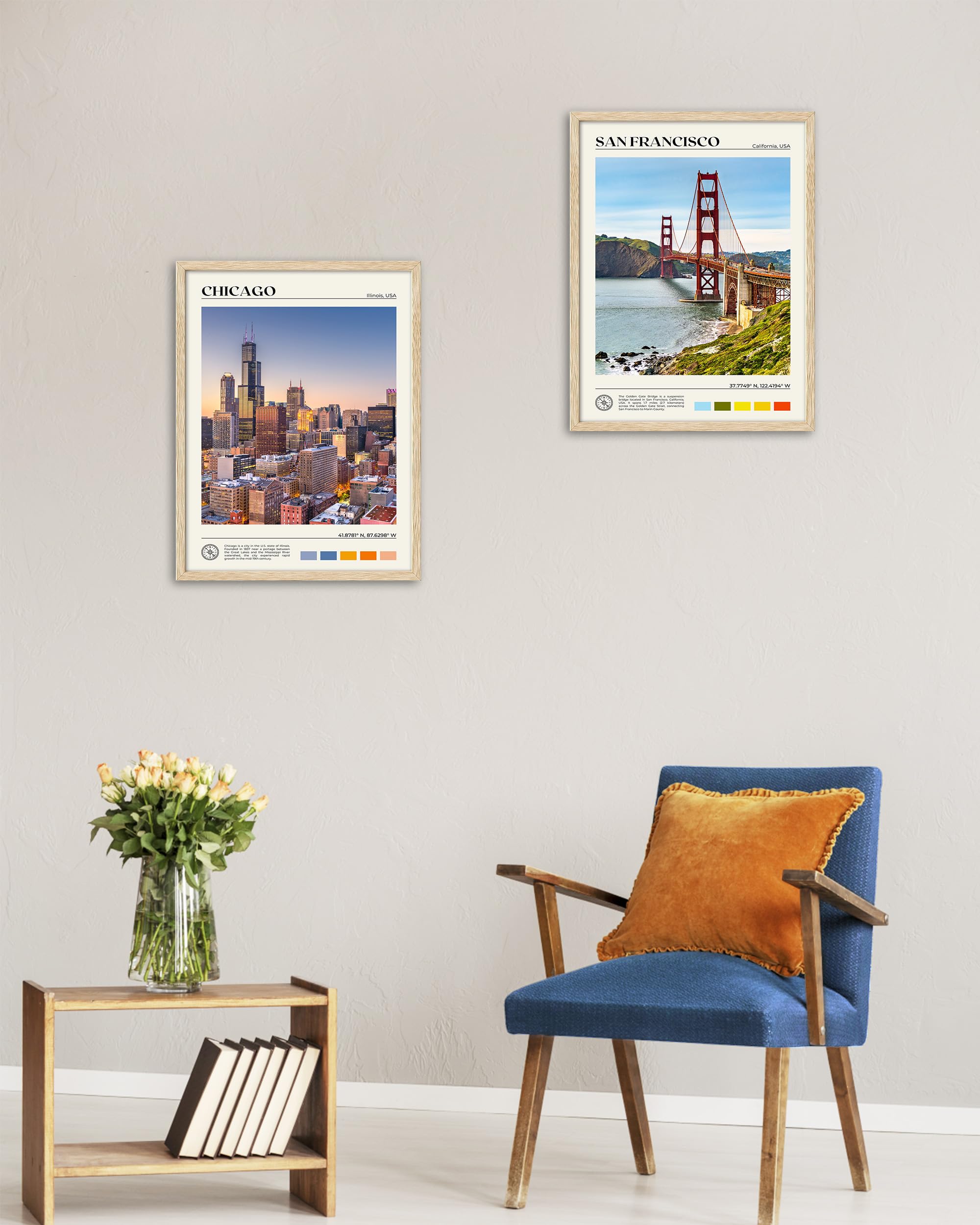 Hesendot Natural Oak Wood Chicago Cityscape Framed Wall Art,12X16In City Skyline Canvas Wall Print,Modern Urban Landmark Wall De