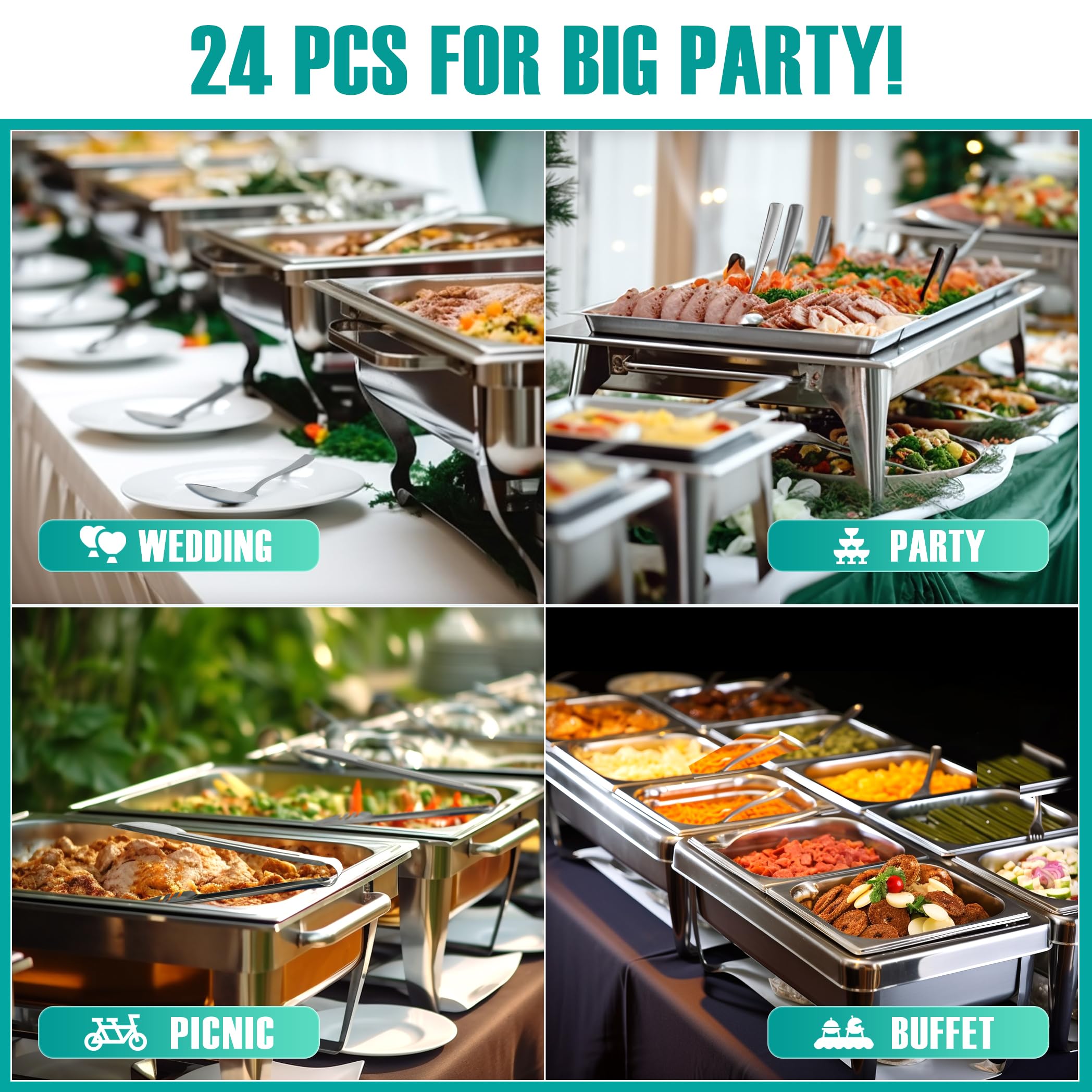24 Pack Stainless Steel Large Serving Utensils Set - 10'' Serving Spoons X 8, 10'' Slotted Spoons X 8, And 9'' Serving Tongs X 8