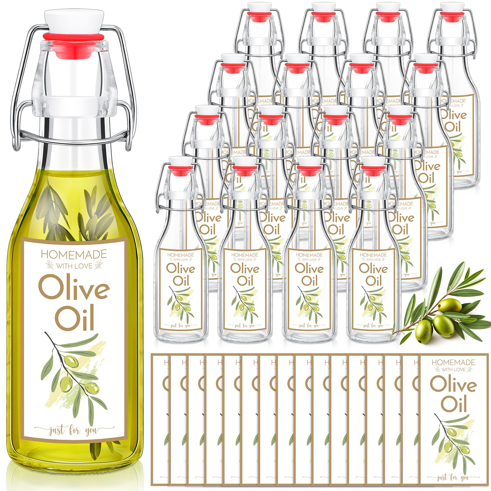 Havawish 16 Pcs 8 oz Homemade Olive Oil Swing Top Glass Bottles Clear Flip Top Bottles with Airtight Lids Labels for Storing Hom
