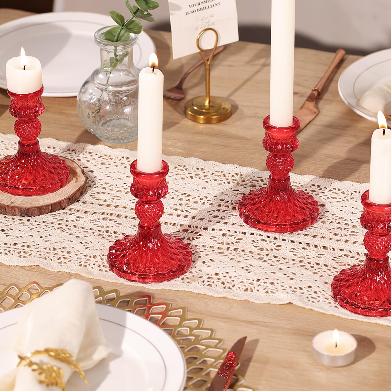 12Pcs Red Candlestick Holders Set- 4 H Taper Candle Holders Bulk, Glass Candle Holders for Activities, Party, Romantic Dinner Ta