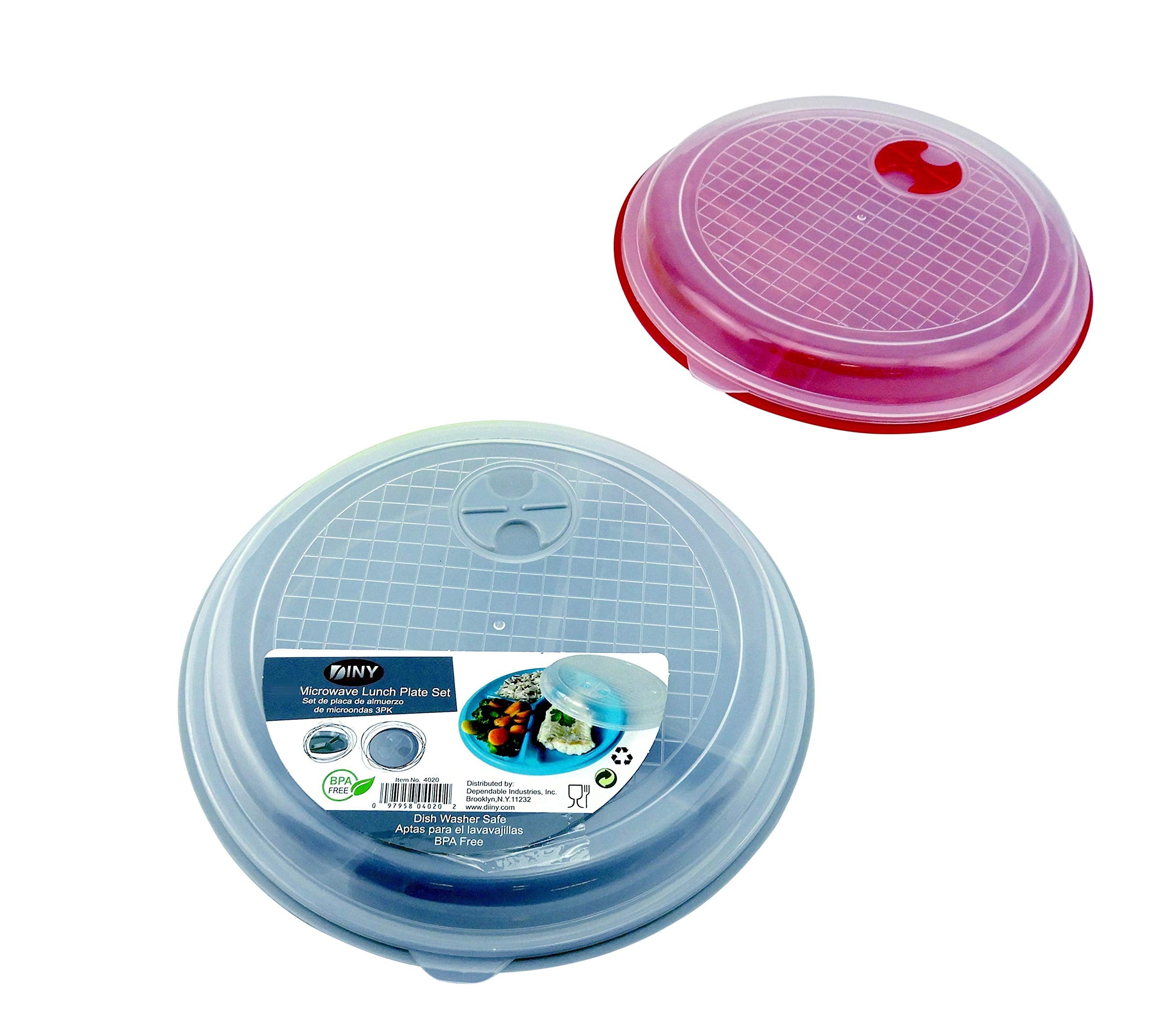 Dependable Industries Inc. Essentials 2-Pack Vented Microwave Lunch Plates With Lids - 3 Section Divided Bpa-Free Plastic Plates