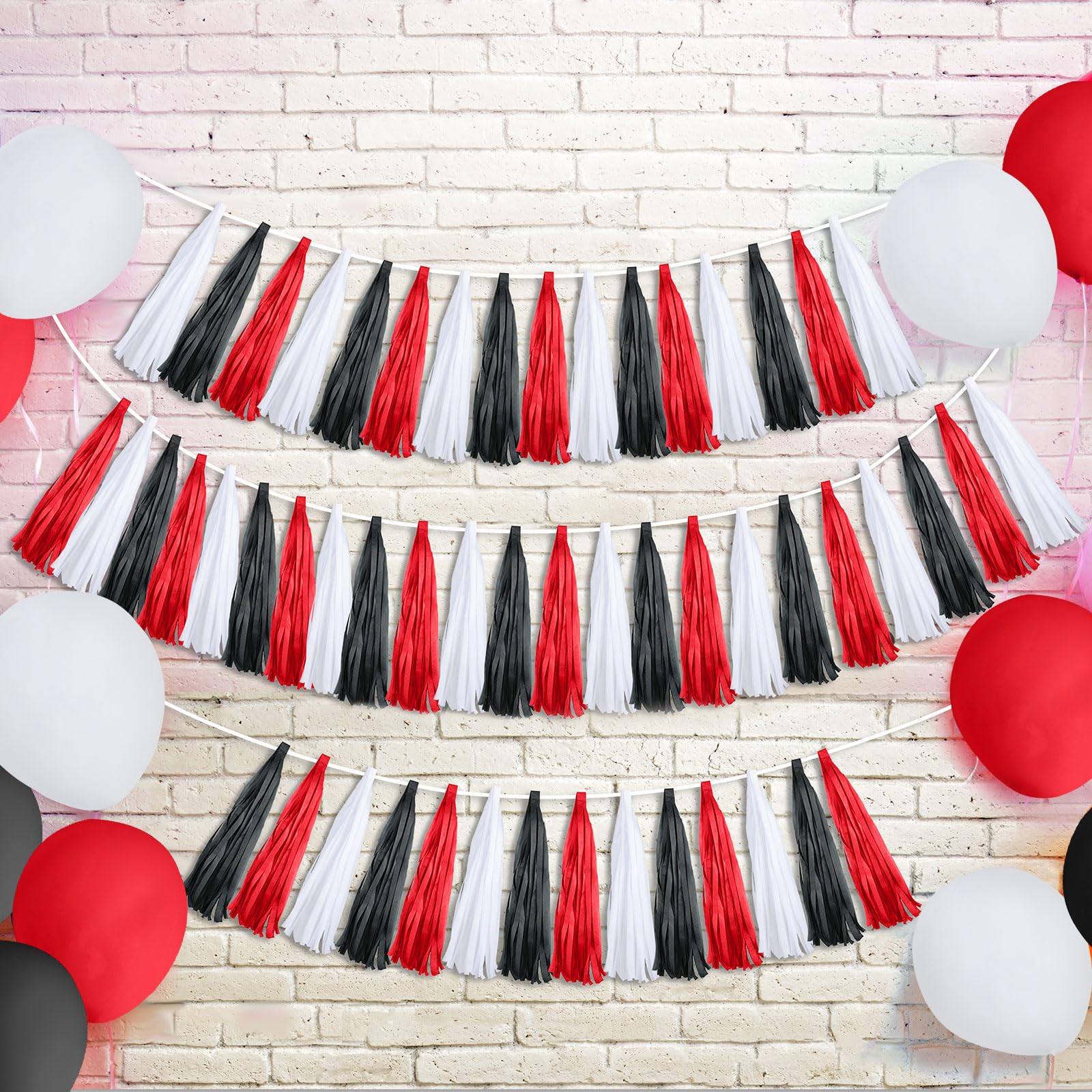 Outus 30 Pcs Red Black White Banner Party Decorations Paper Tissue Tassel Garland DIY Hanging America Decor for School Supplies 
