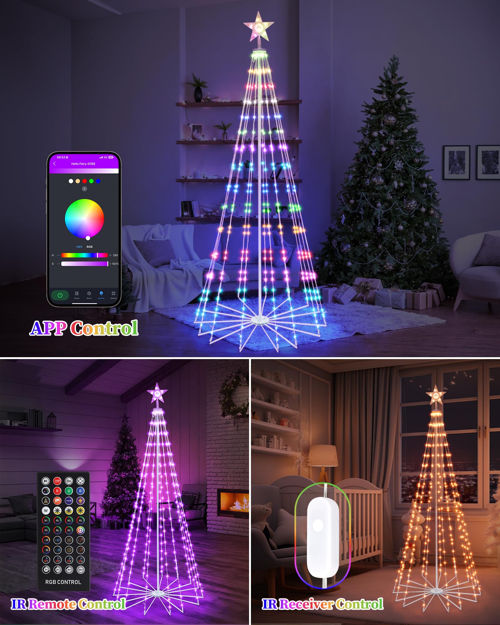 Brightever 8FT 355 LED Smart Cone Christmas Tree, Outdoor Prelit Christmas Tree with 16 Million DIY RGB LED Light Show, Remote A