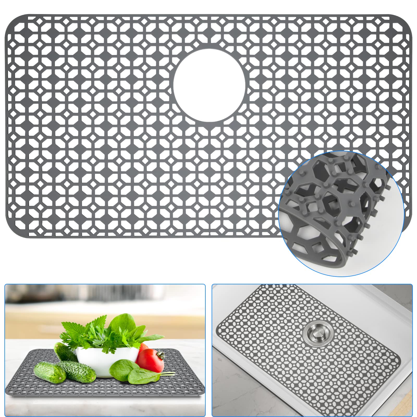 Silicone Sink Protector for Kitchen, 26.4x 14.4 Bottom Protector for Farmhouse Stainless Steel Porcelain With Hole, Mat for Rect