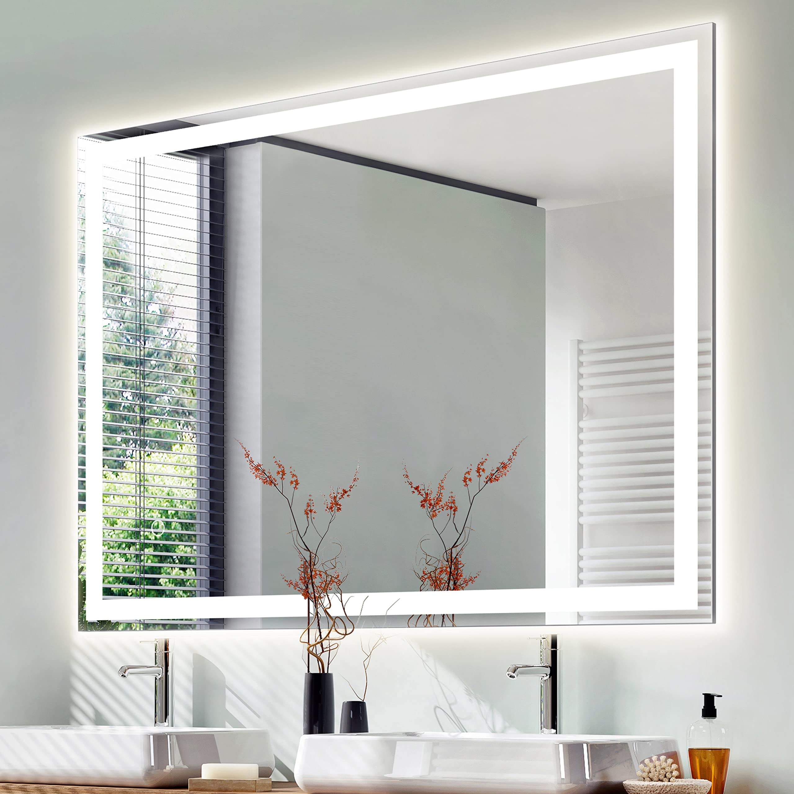 JONATHAN Y MIR100A-3648 Pax 48'' x 36'' Rectangular Frameless Anti-Fog Aluminum Front/Back-lit Tri-Color LED Bathroom Vanity Mirror with Smart Touch Control  White