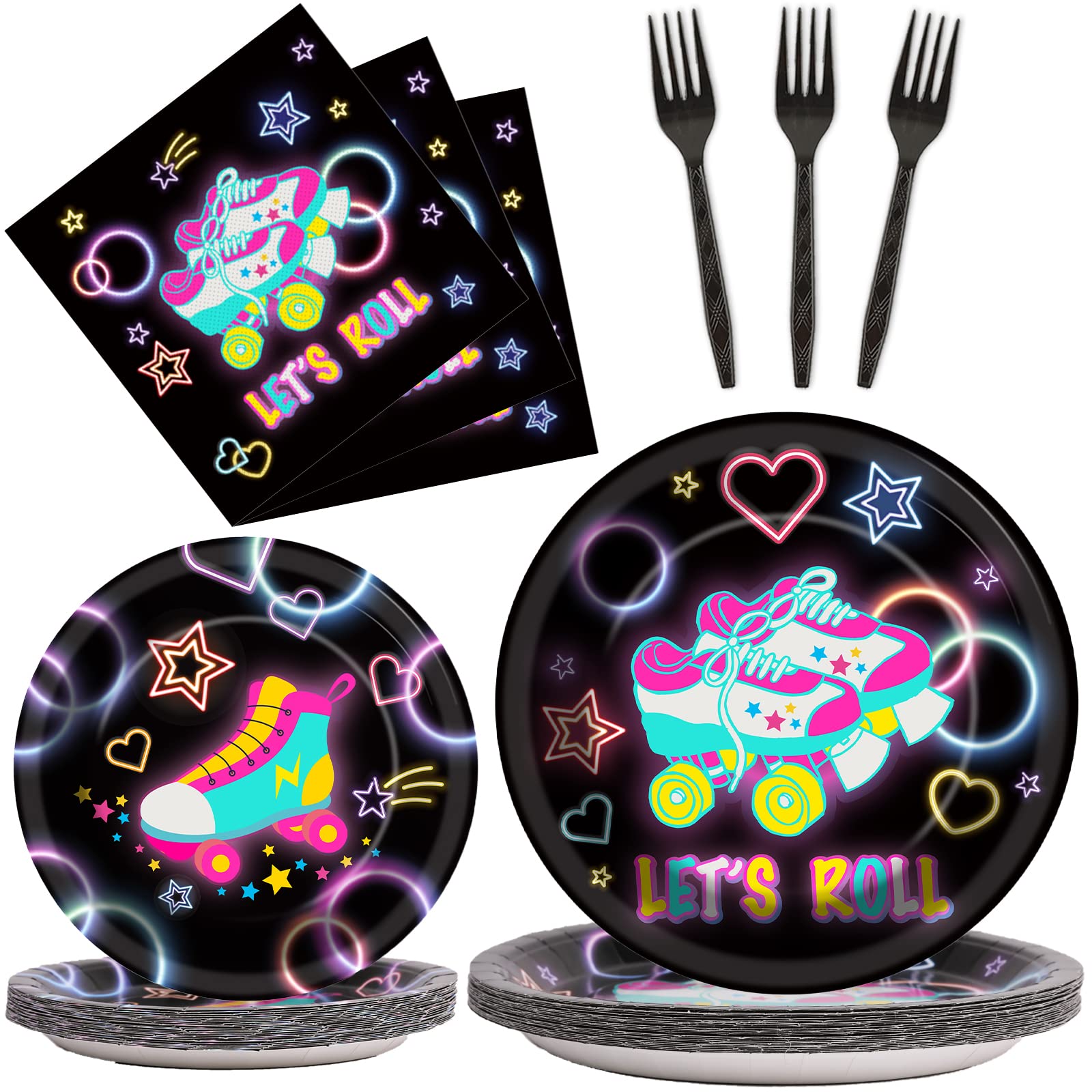 96Pcs Roller Skating Party Supplies Tableware Set Retro Roller Skate Party Paper Plates Napkins Set Favors For Boys Girls Teens