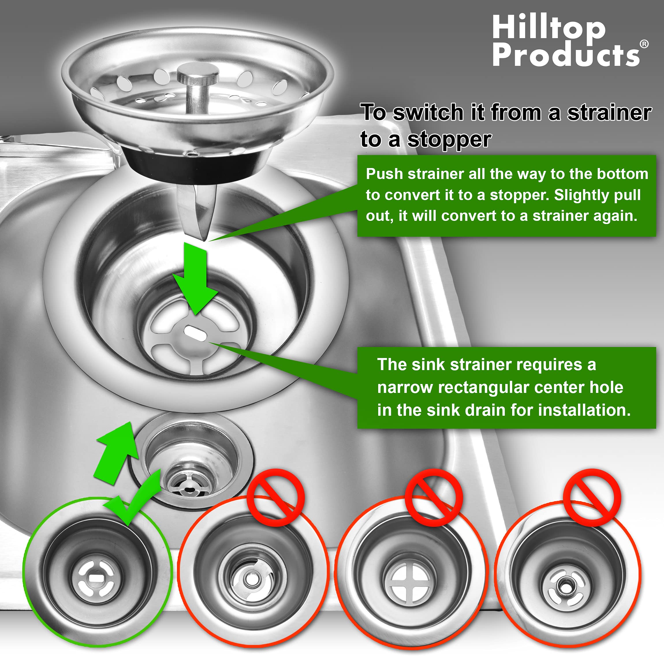 Hilltop Products Kitchen Sink Strainer & Stopper Combo, 3.5" Drain, Stainless Steel Basket, Silver, Model sdf - 2 Pack