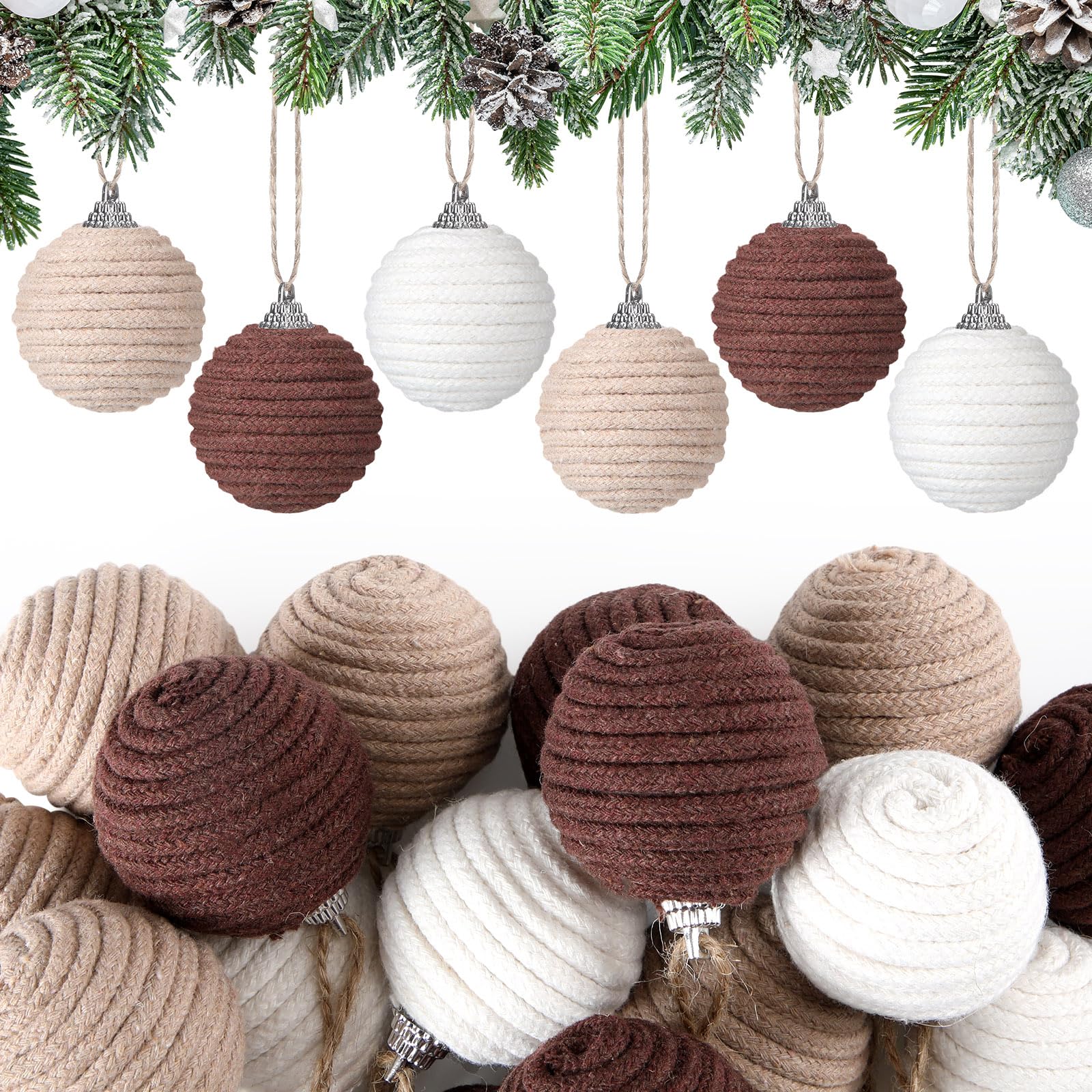 Syhood 18 Pcs 1.57 Inch Mini Christmas Ball Ornaments Boho Farmhouse Jute Rope Hanging Balls Burlap Neutral Rustic Ornaments for