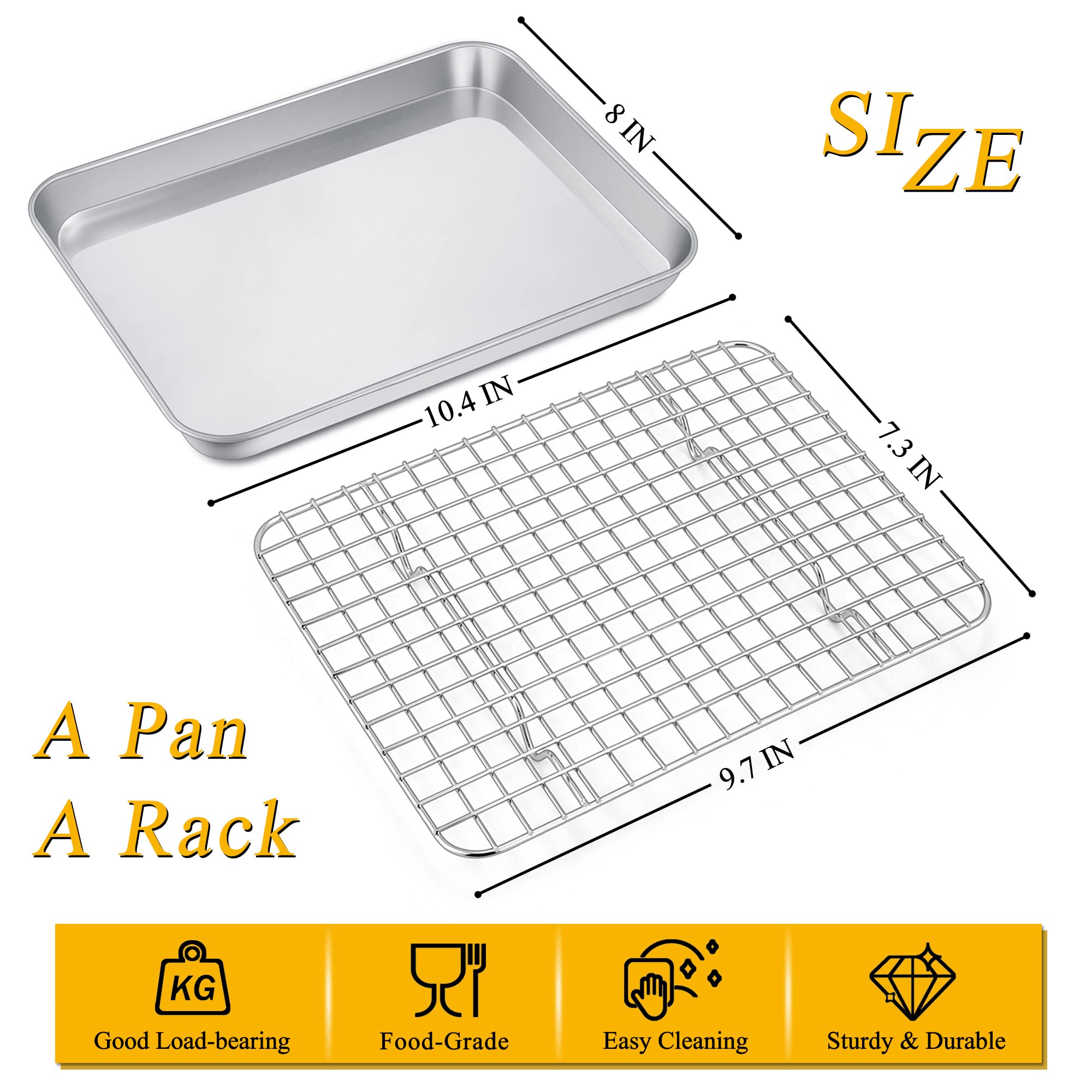 10.4 Inch Toaster Oven Pan With Rack Set, P&P Chef Stainless Steel Small Baking Pan Tray And Grid Cooling Rack For Cooking/Roast
