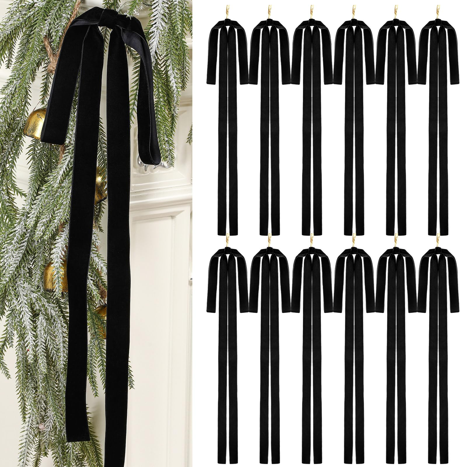 Janinka 12 Pcs Black Velvet Ribbon Bows Christmas Tree Decorations 23.5x15.5 Inch Rustic Neutral Large Velvet Vintage Christmas 