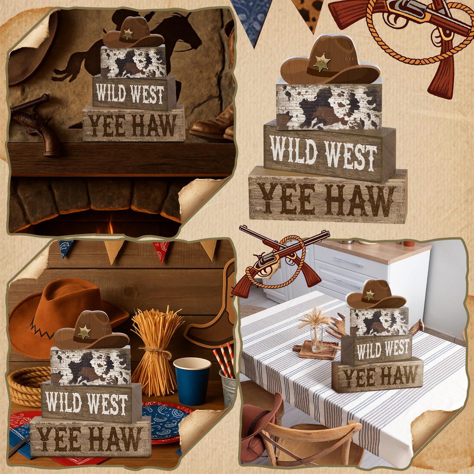 Yuntau 4 Pcs Western Tiered Tray Decorations Set Cowboy Hat Stack Block Signs Desert Farmhouse Rustic Tabletop Tiered Tray Decor