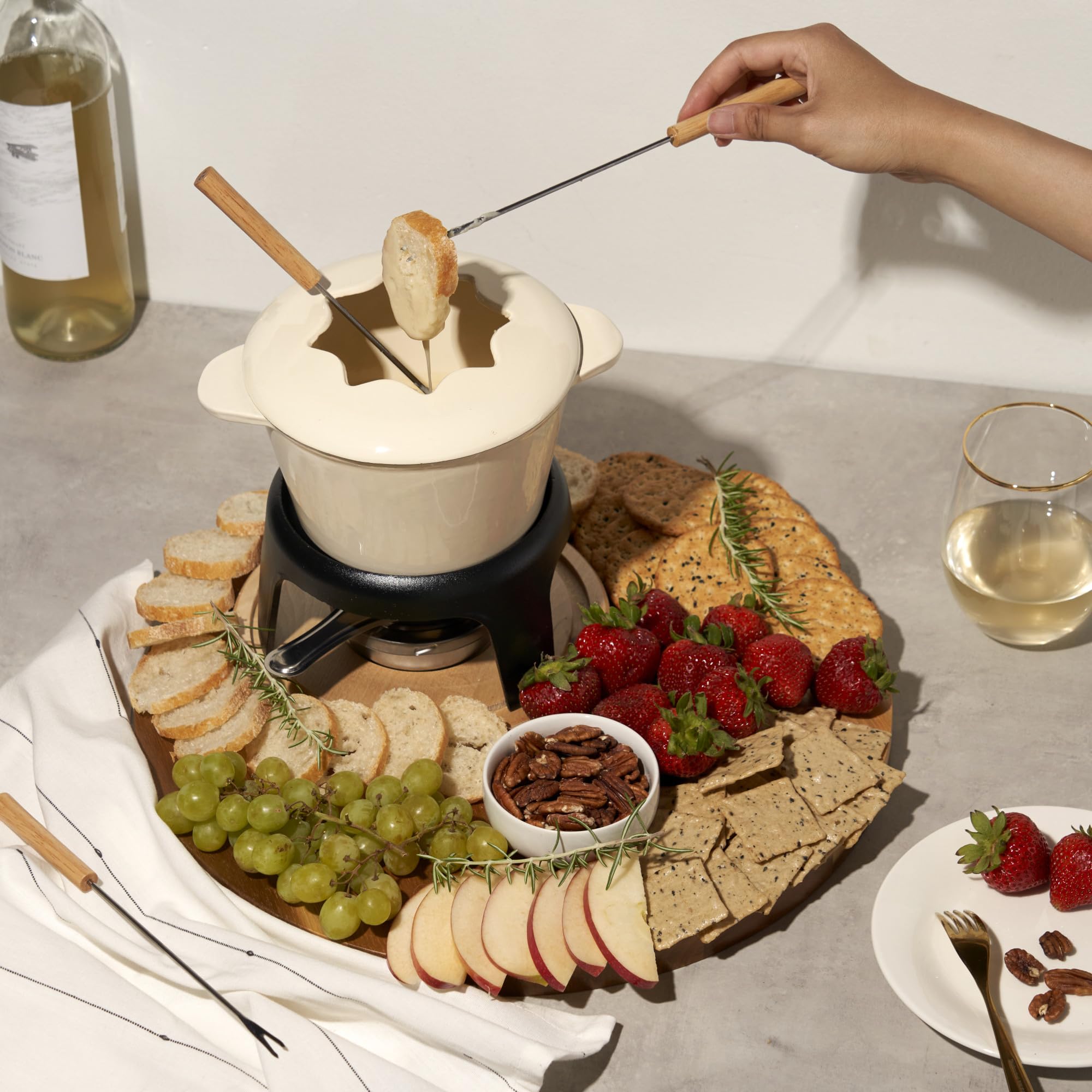 Twine Farmhouse Kitchen Enamel Cast Iron Fondue Set Cheese Melting Pot Metal Stand with Stainless Steel Forks and Chrome Gel Burner  8.5''  Off-Cream