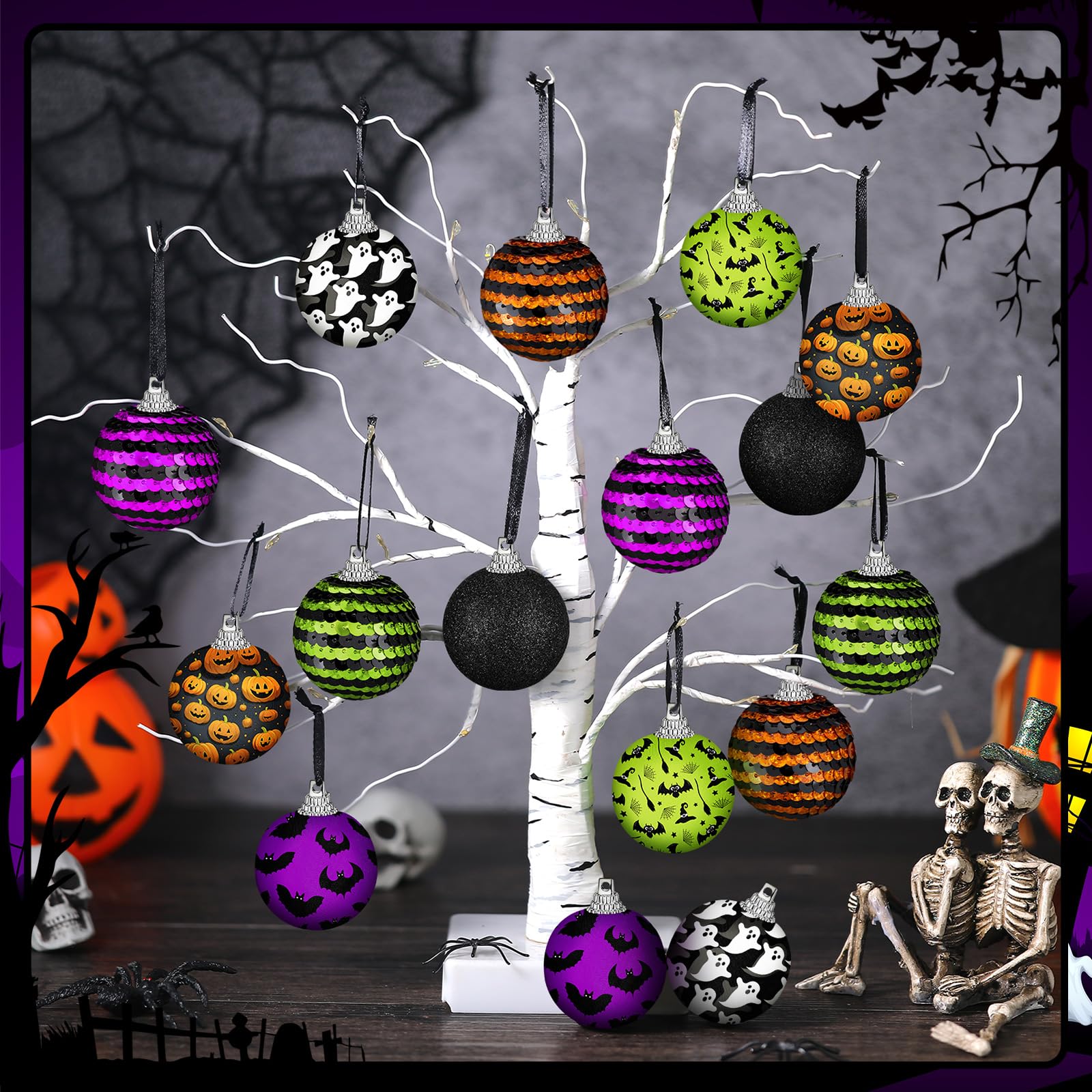 Zeyune 16 Pcs Halloween Ball Ornaments for Tree 2 Inch Halloween Tree Decorations Pumpkin Ghost Bat Spider Glitter Ornaments wit