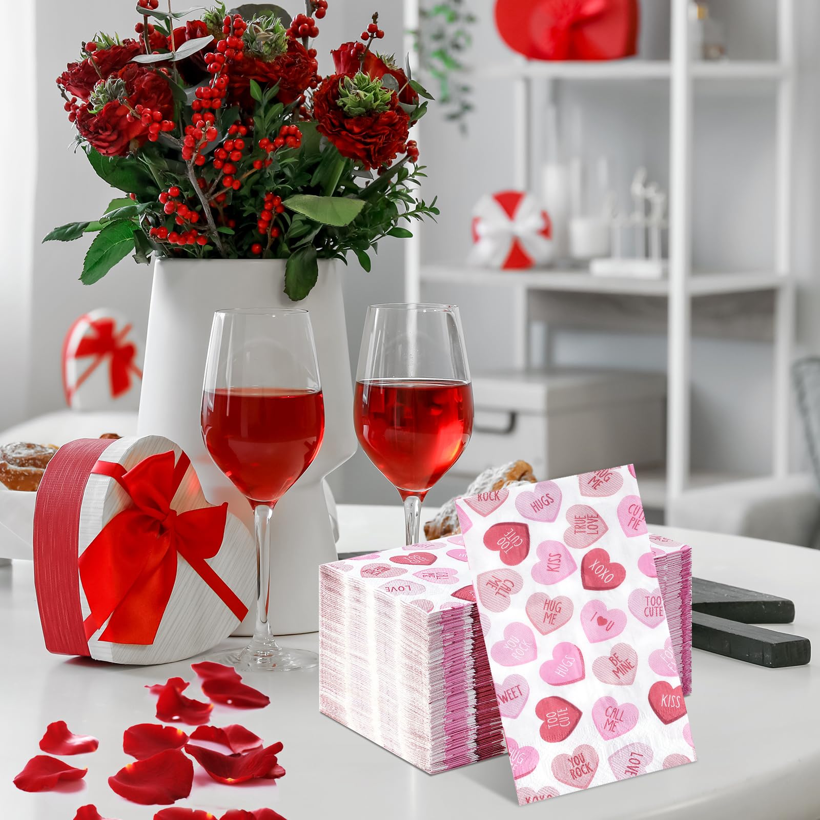 200Pcs Valentines Day Paper Napkins, Pink Disposable Love Heart Napkins, Valentines Decorative Paper Guest Towels For Valentines
