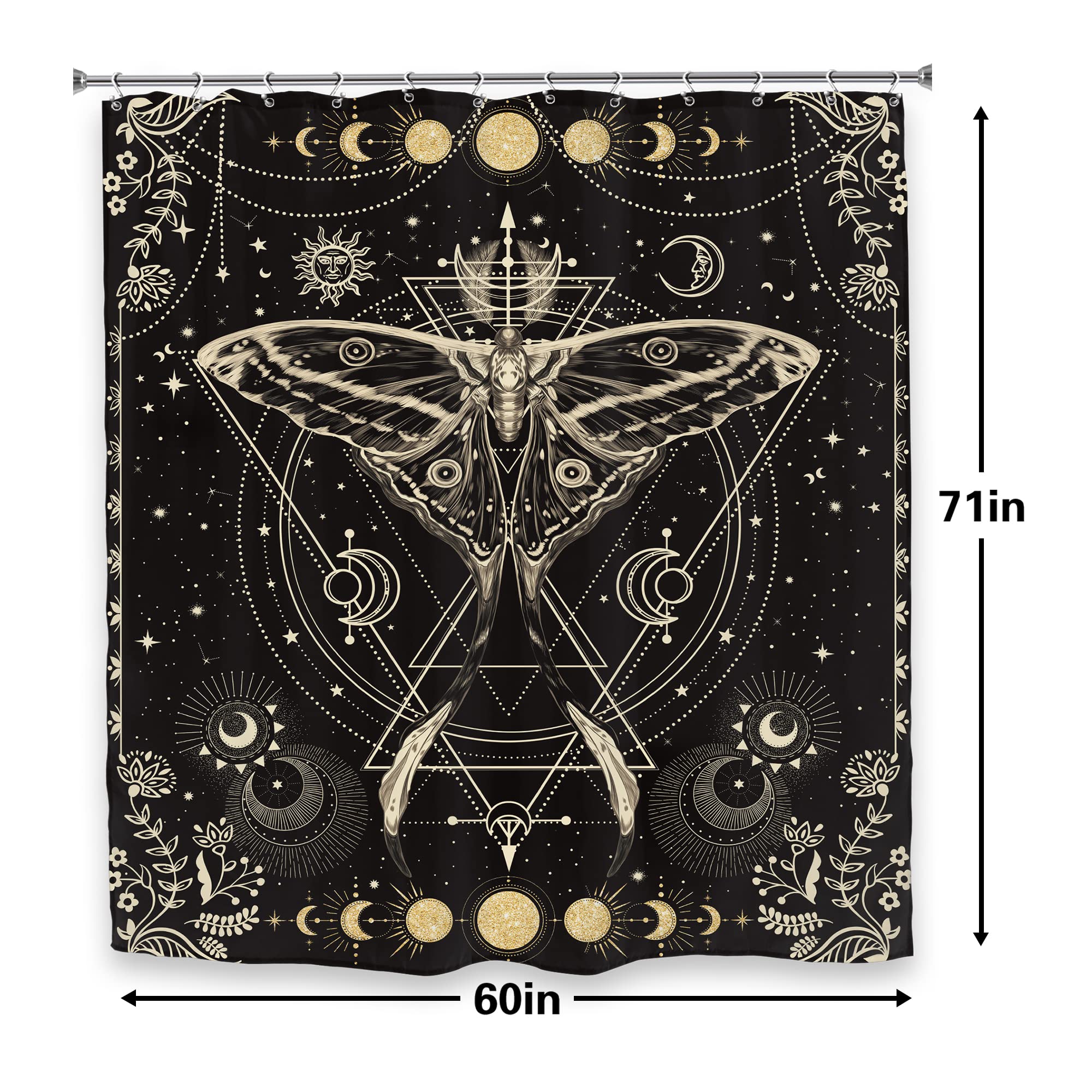 LGhtyro Moon Phase Witchy Shower Curtain 60Wx71H Inch Gold Black Butterfly Moth Fairy Shower Curtain Bathroom Set Gothic Black Moonlit Bath Curtain Tarot Halloween Bathtub Accessories Decor for Teens
